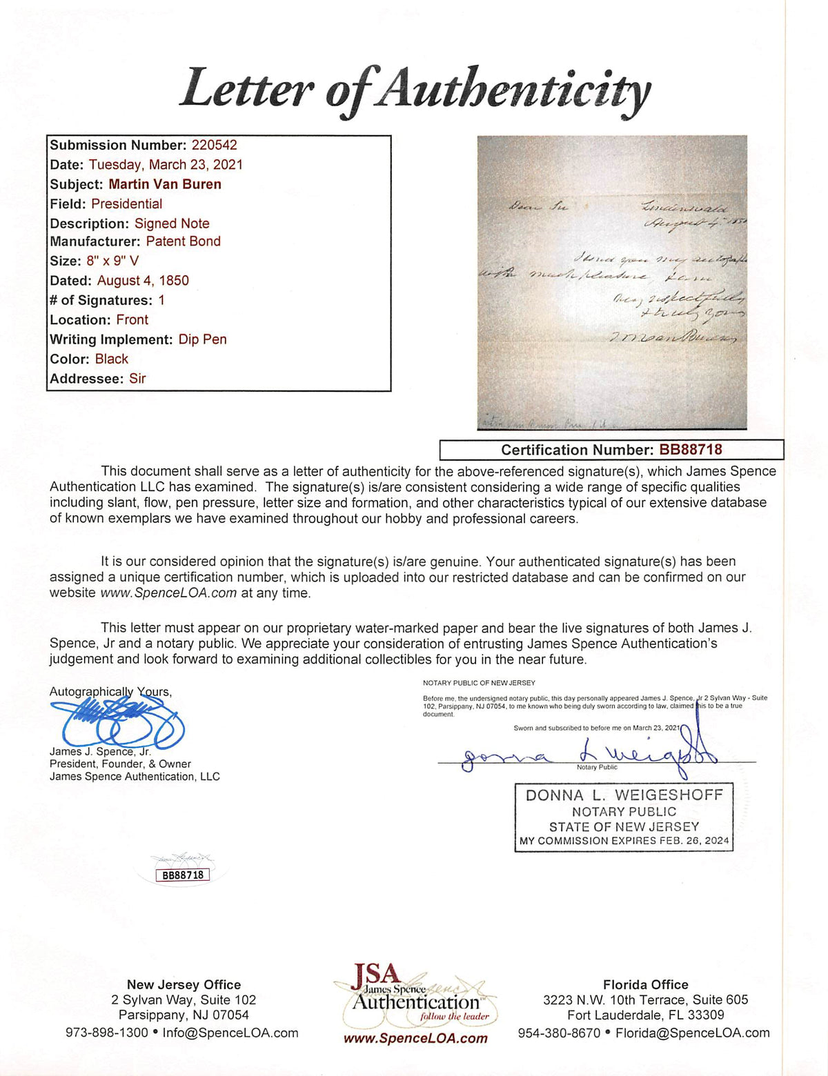 Martin Van Buren Authentic Signed 8x9 Letter Dated August 4, 1850 JSA #BB88718