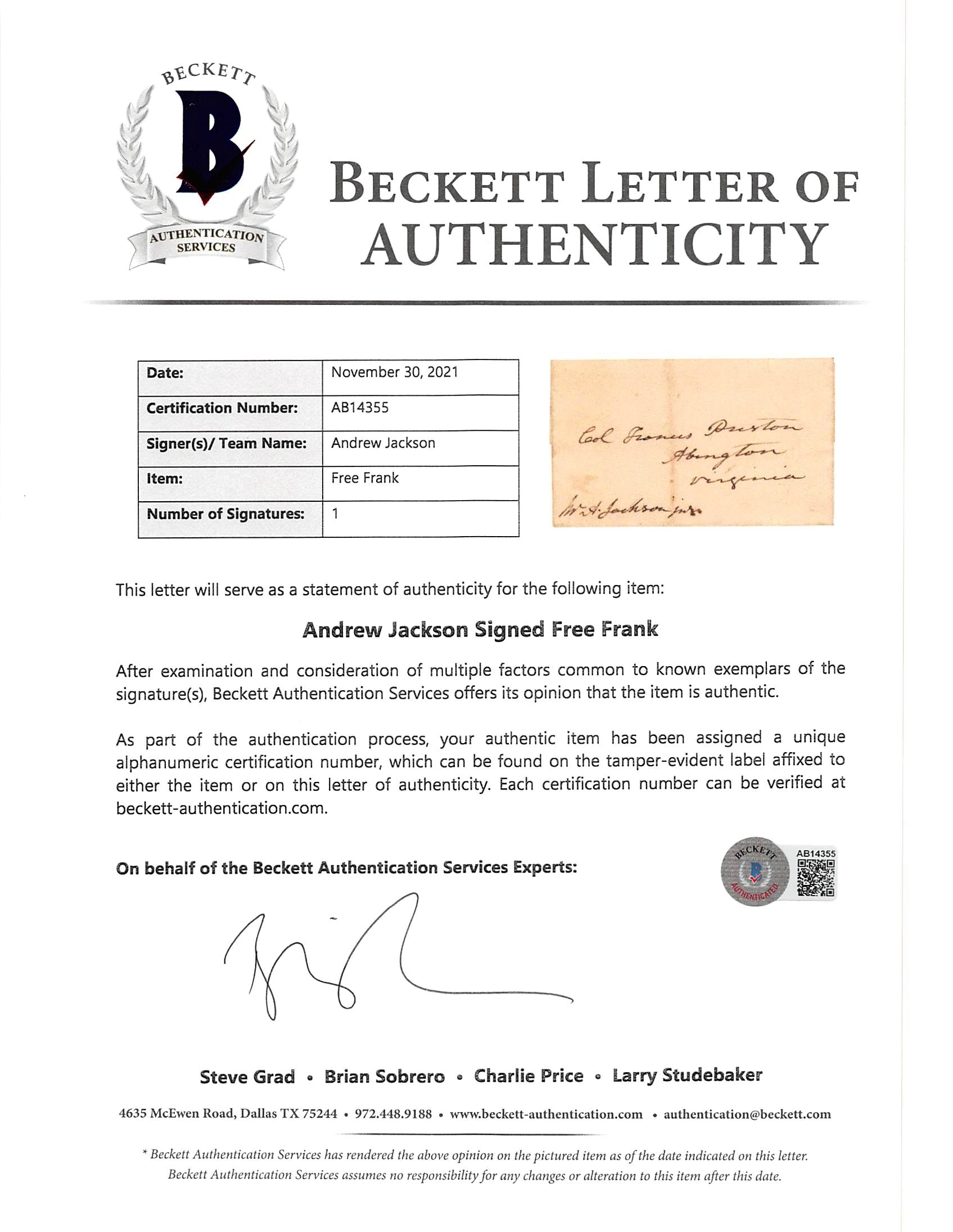 Andrew Jackson Authentic Signed 7.75x12.5 Free Frank Autographed BAS #AB14355