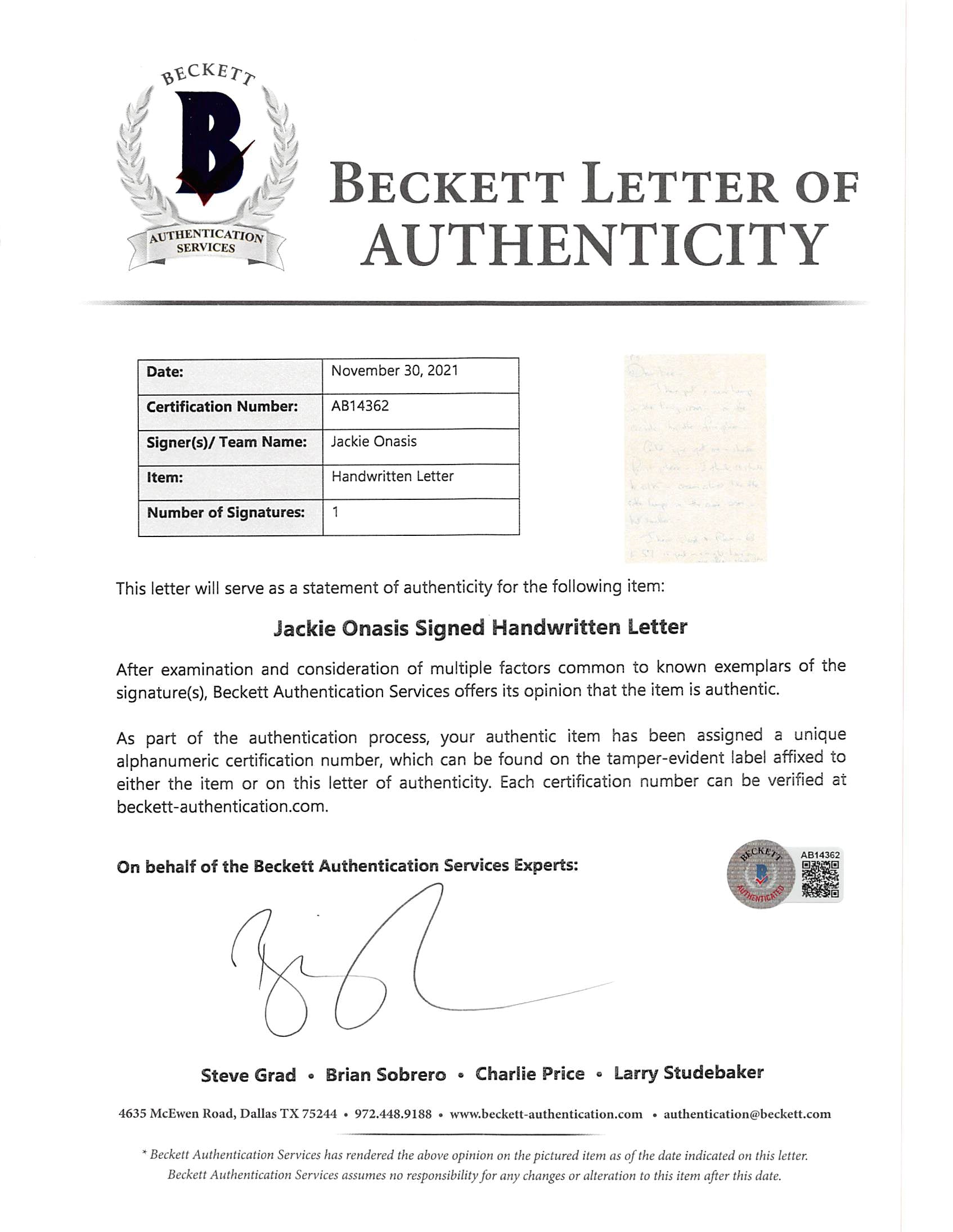 Jacqueline Onasis Kennedy Signed 4.25x6.25 Handwritten Letter BAS #AB14362