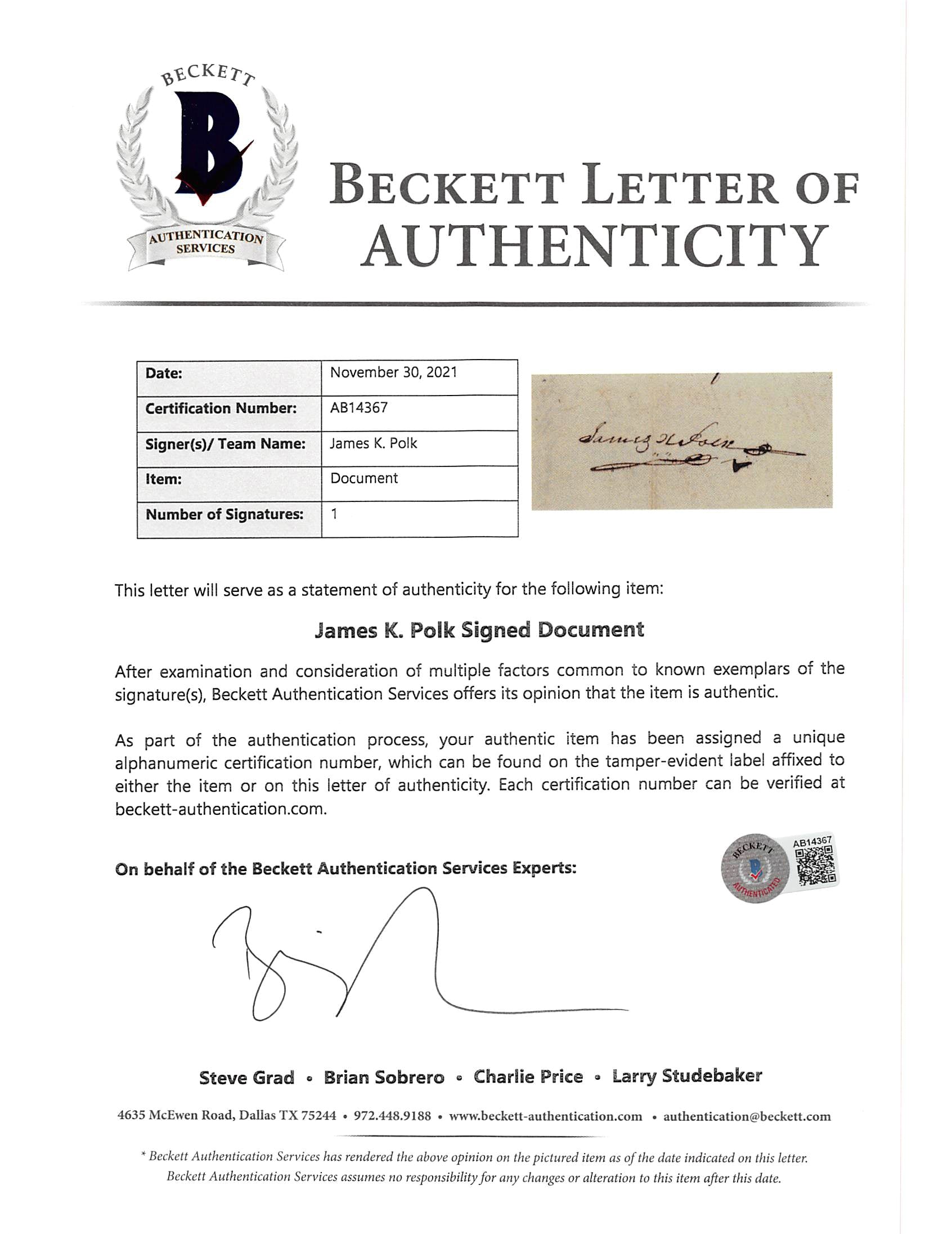 James K. Polk Signed 12x15 1840 Tennessee Land Grant Document BAS #AB14367
