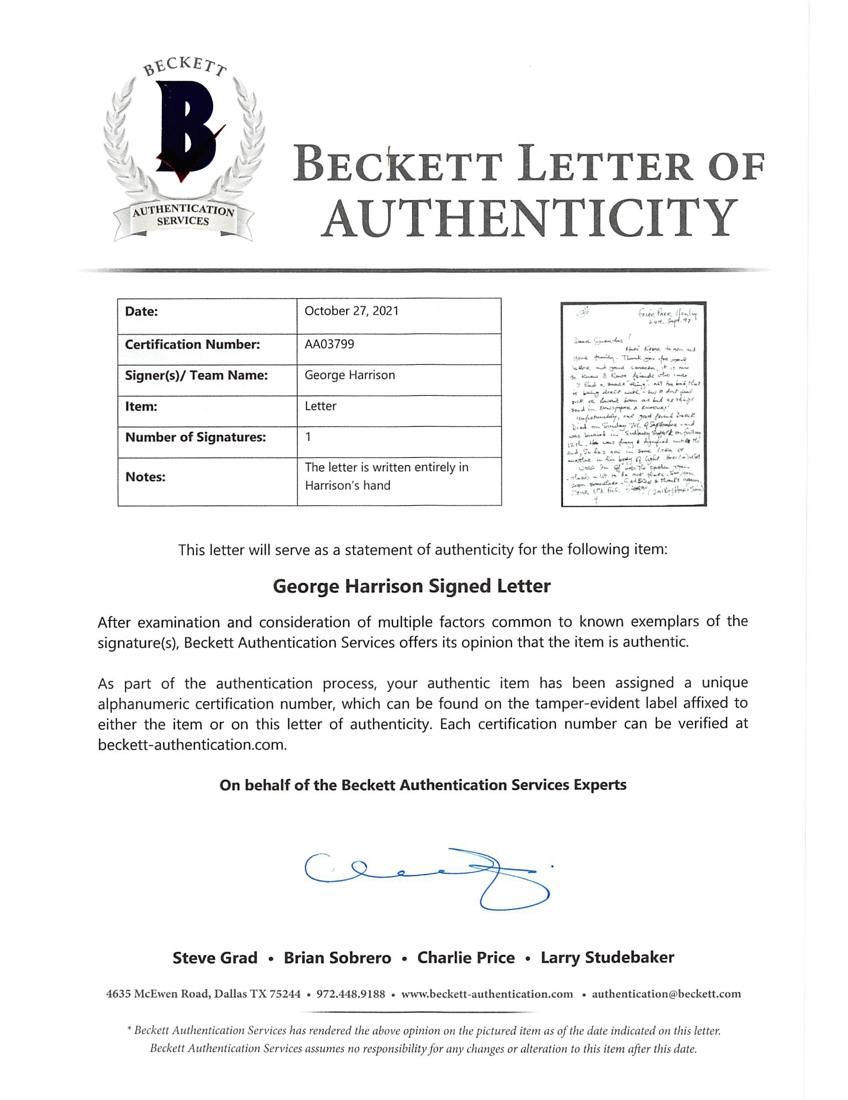 George Harrison The Beatles Authentic Signed Handwritten Letter BAS #AA03799