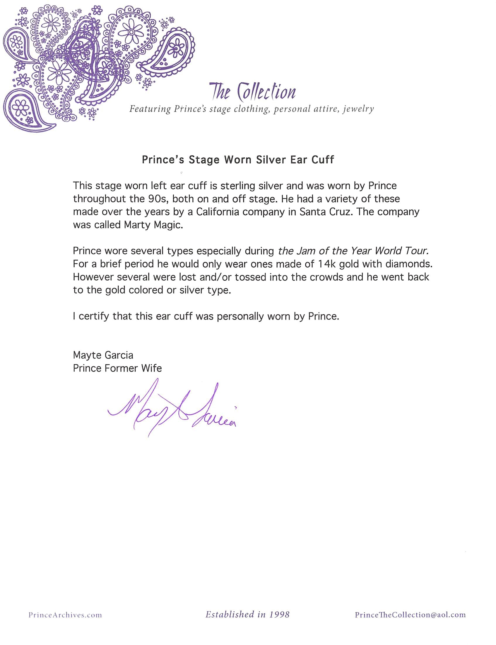 Prince Nelson Stage Worn Silver Ear Cuff w/ Letter of Provenance