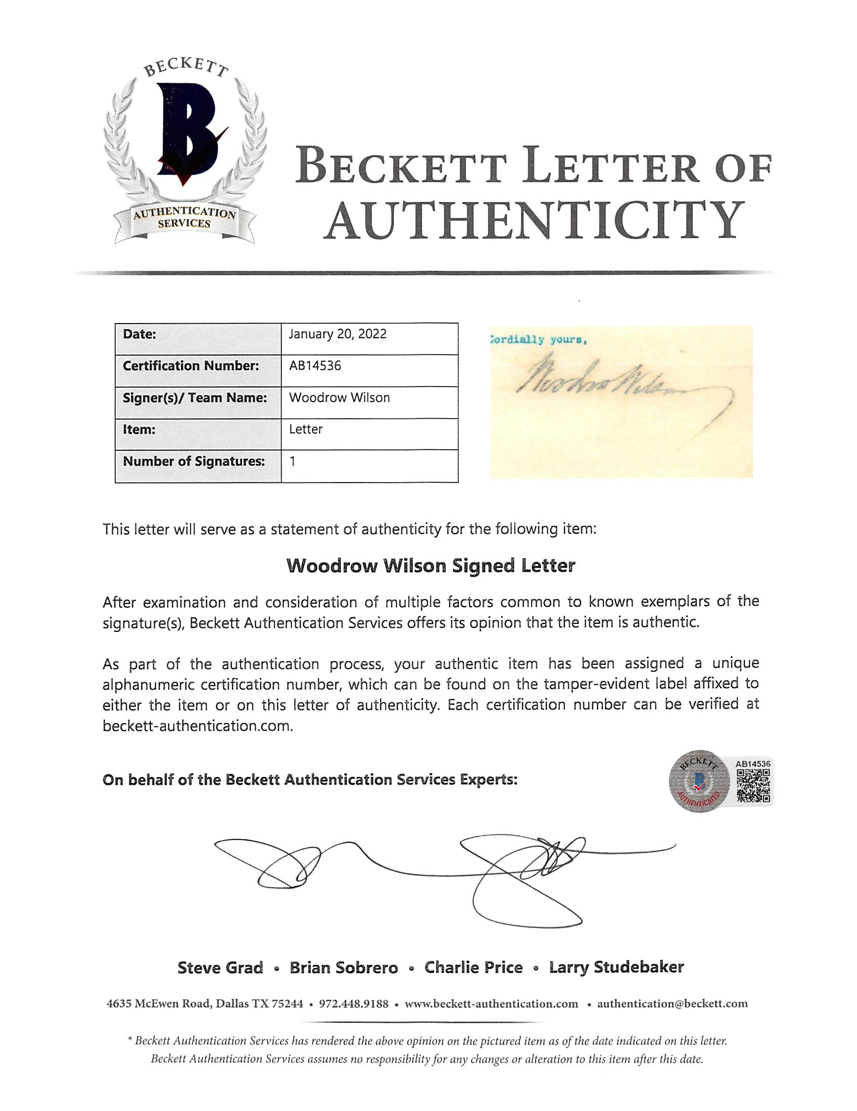 Woodrow Wilson Signed 7x8.8 1913 Letter On White House Letterhead BAS #AB14536