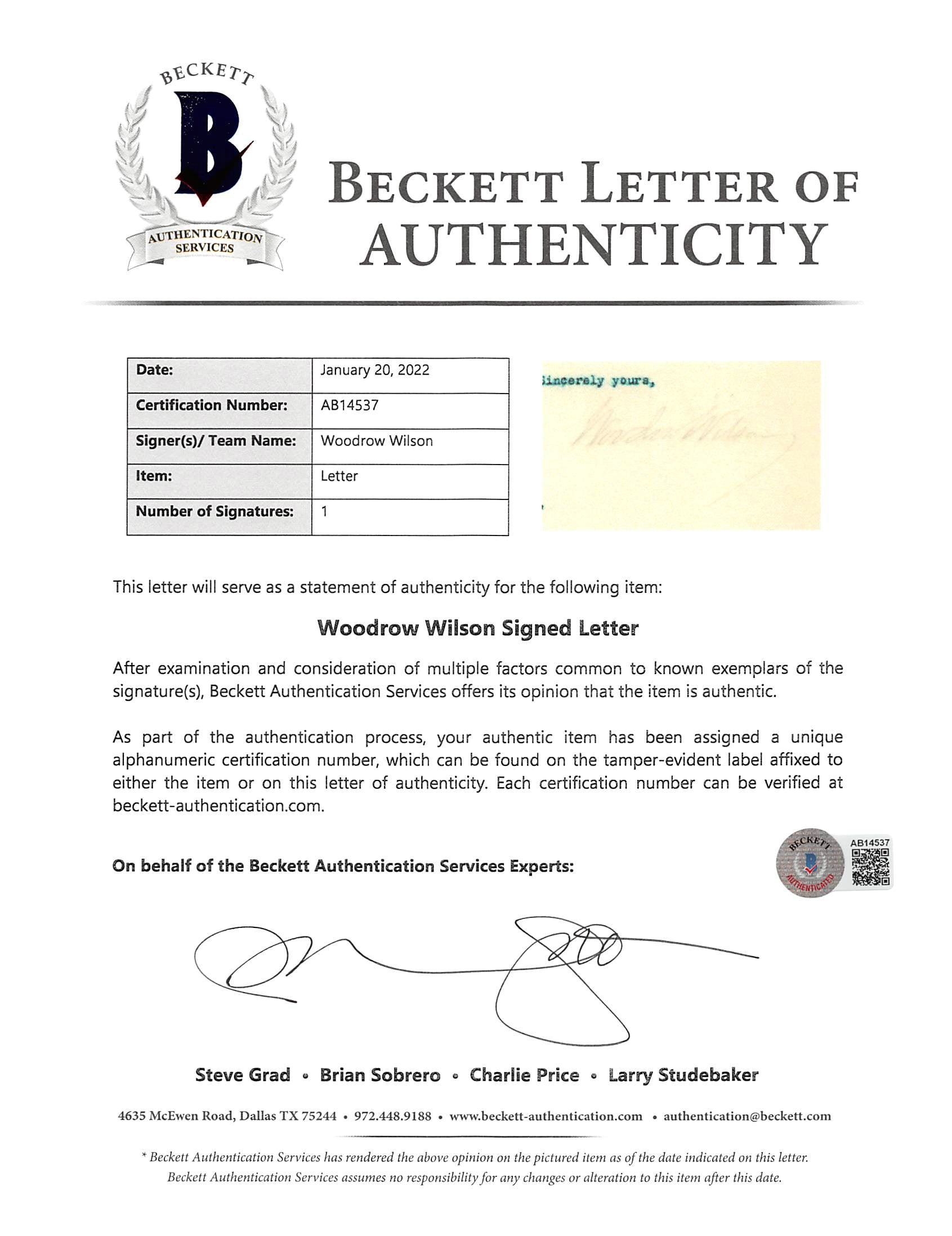 Woodrow Wilson Signed 7x8.8 1913 Letter On White House Letterhead BAS #AB14537