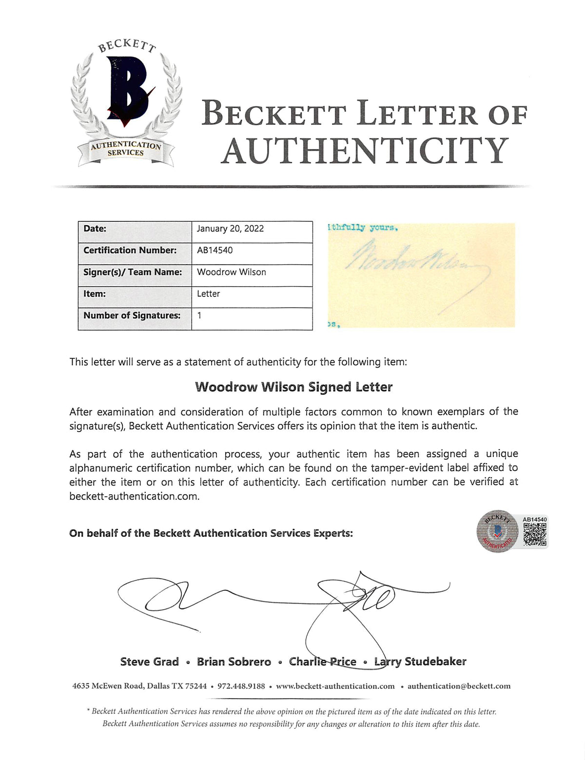 Woodrow Wilson Signed 7x8.8 1914 Letter On White House Letterhead BAS #AB14540