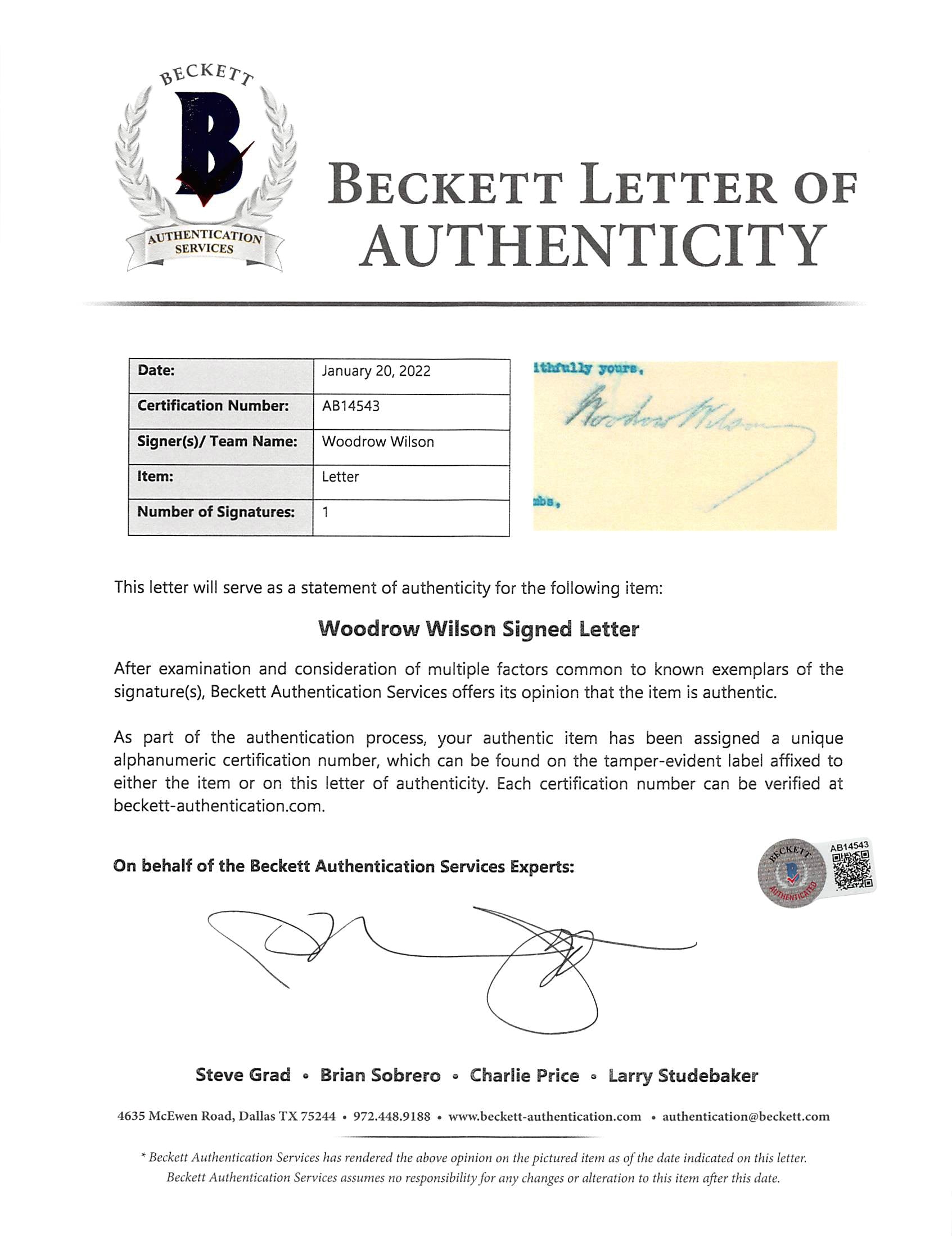 Woodrow Wilson Signed 7x8.8 1914 Letter On White House Letterhead BAS #AB14543
