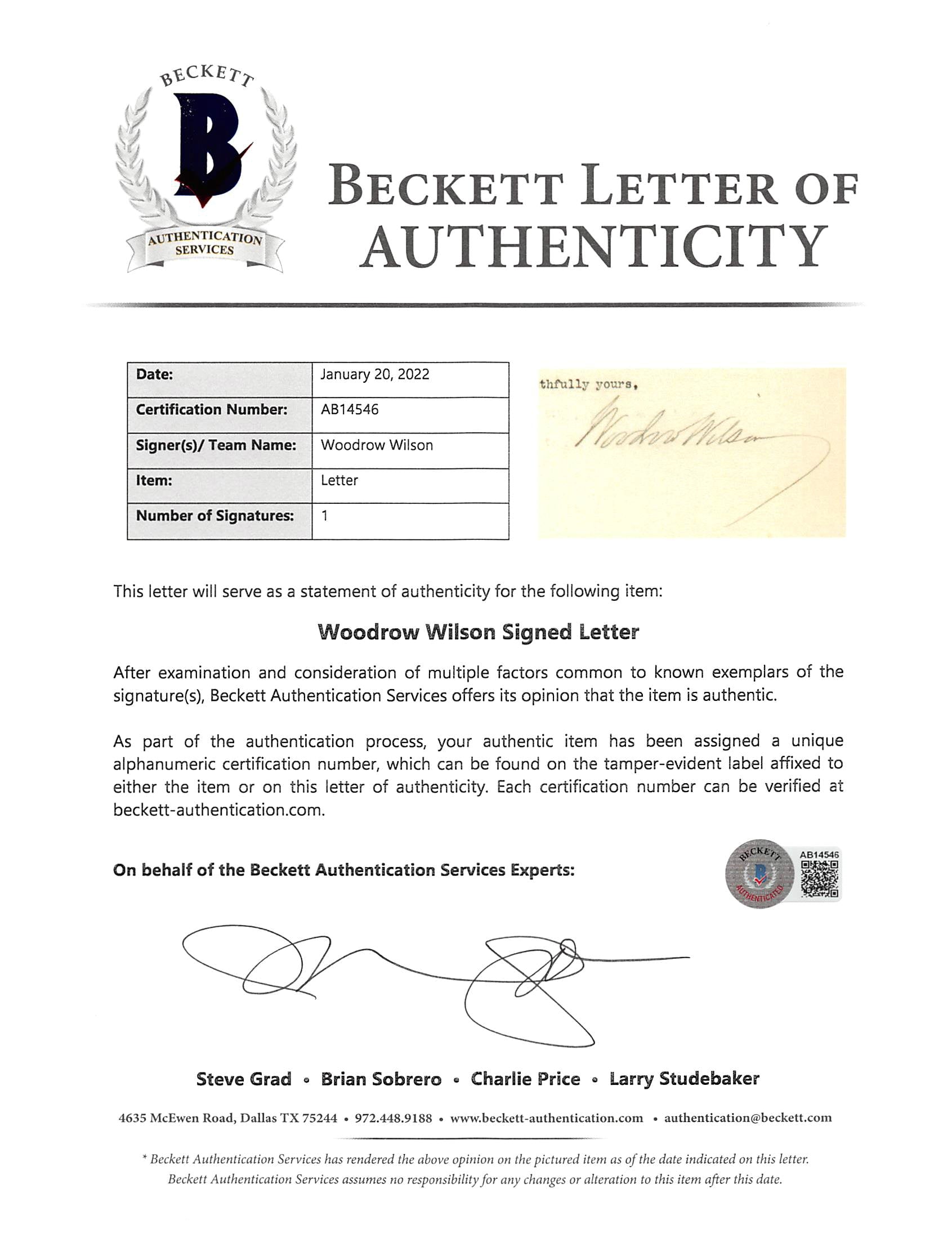 Woodrow Wilson Authentic Signed 7.85x9.5 Letter February 11, 1913 BAS #AB14546