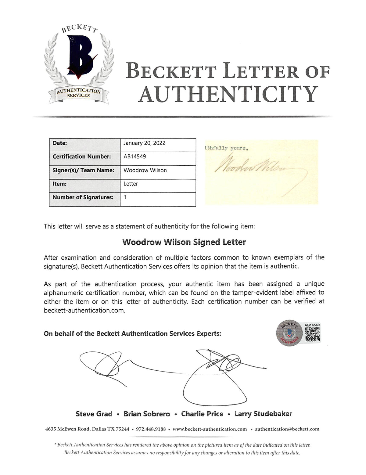 Woodrow Wilson Authentic Signed 8x9.65 Letter February 25, 1913 BAS #AB14549
