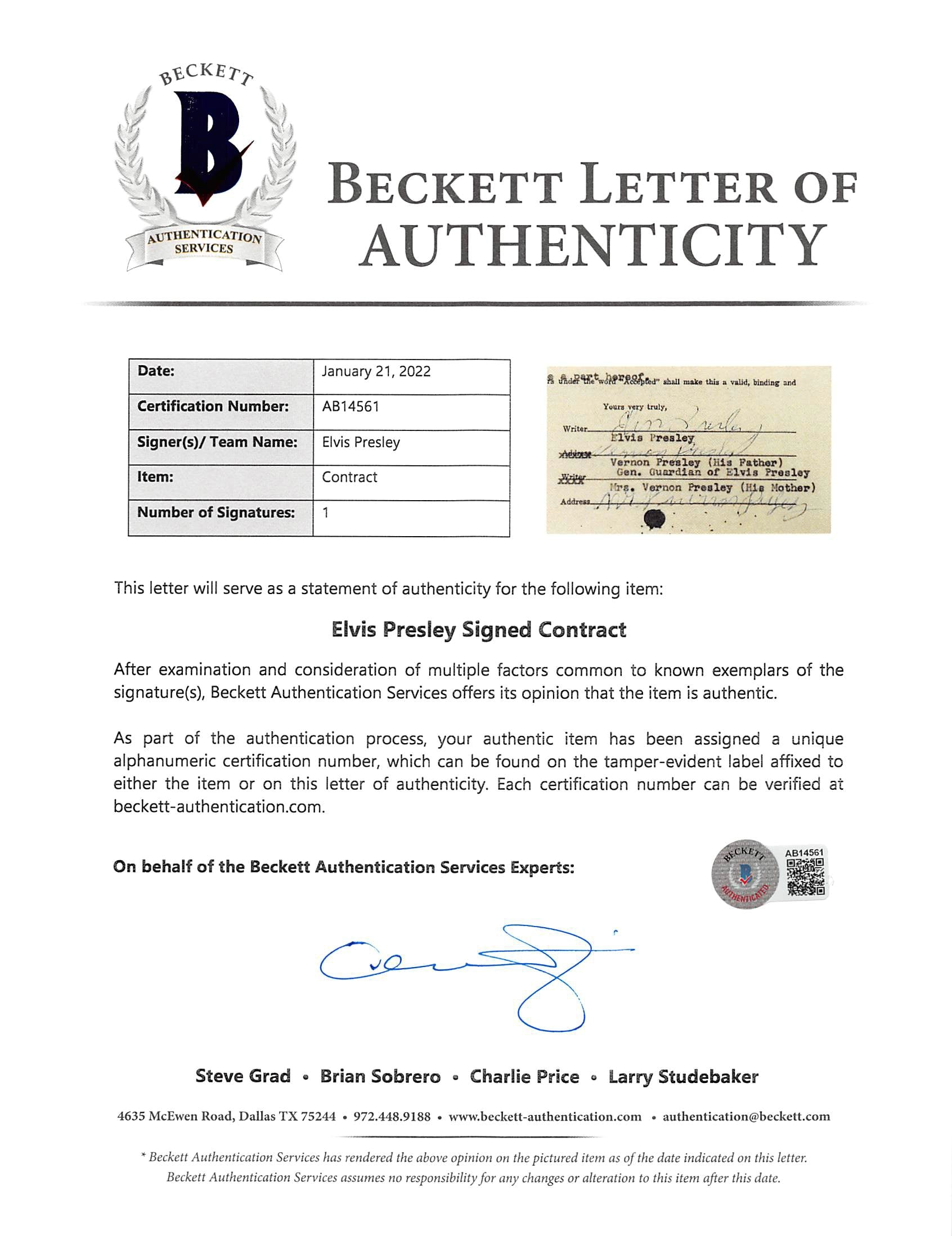 Elvis Presley Authentic Signed 8.5x13 1955 First RCA Records Contract BAS LOA