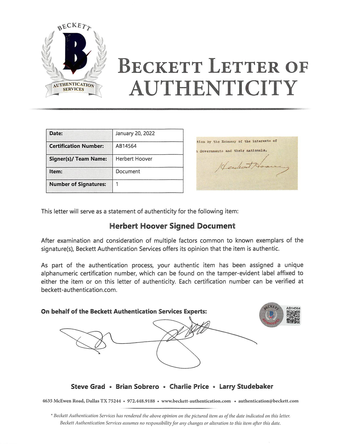Herbert Hoover Signed 8x12.25 1930 Request To Congress Document BAS #AB14564