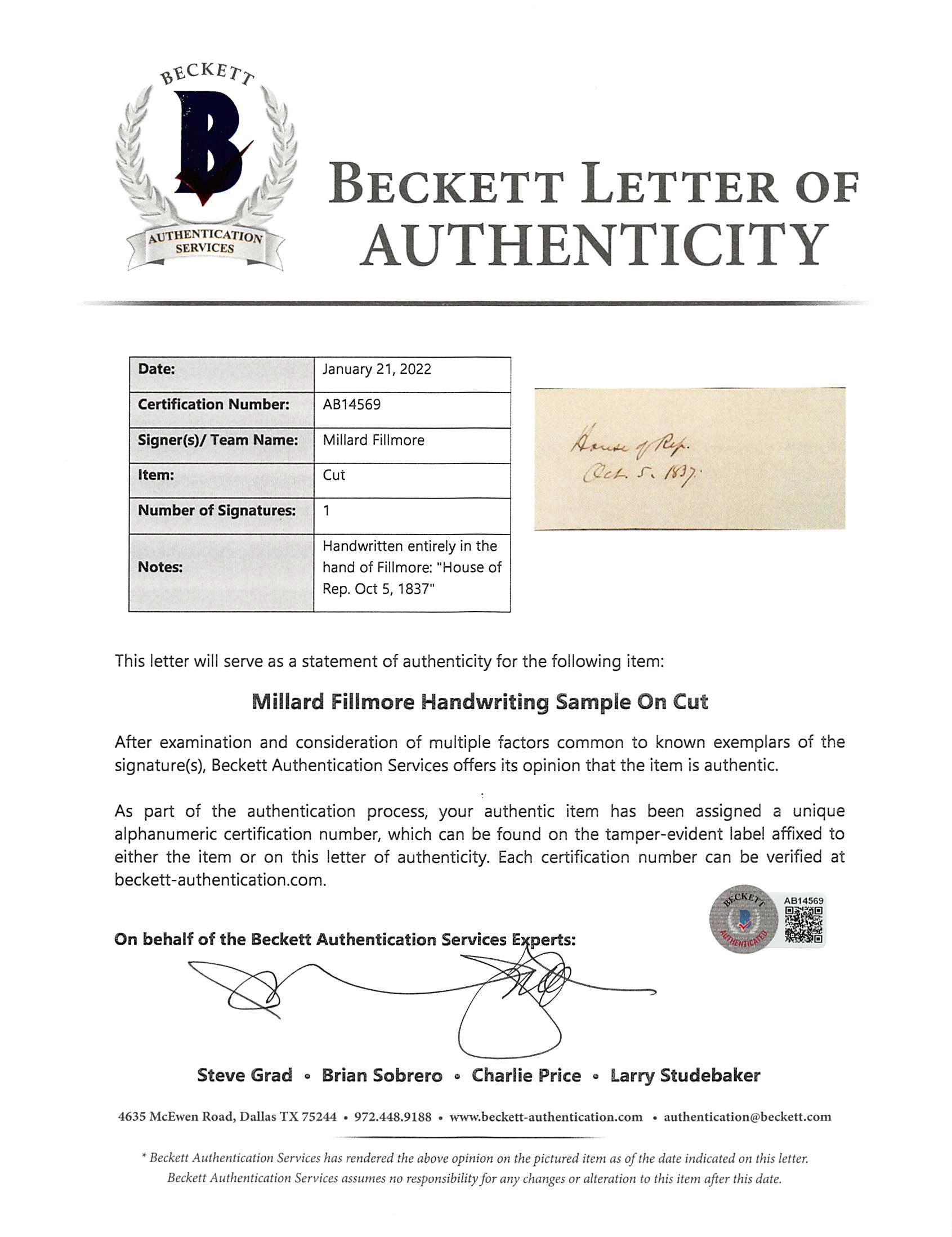 Millard Fillmore Authentic 1.65x4 Handwriting Sample Cut BAS #AB14569