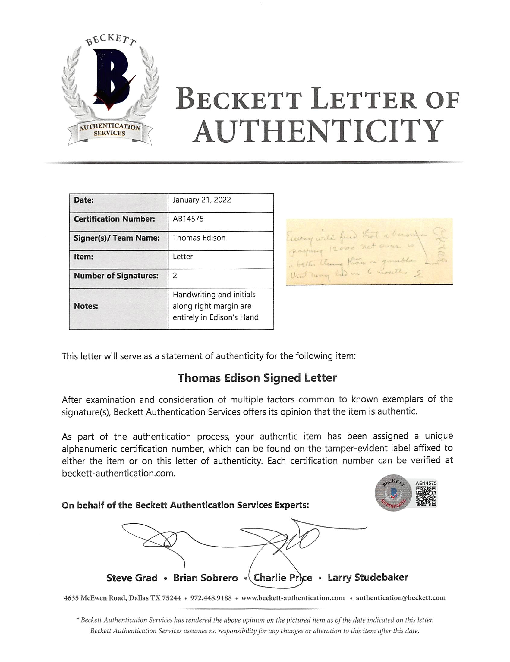 Thomas Edison Authentic Signed 8.5x11 Letter on Personal Stationary BAS #AB14575