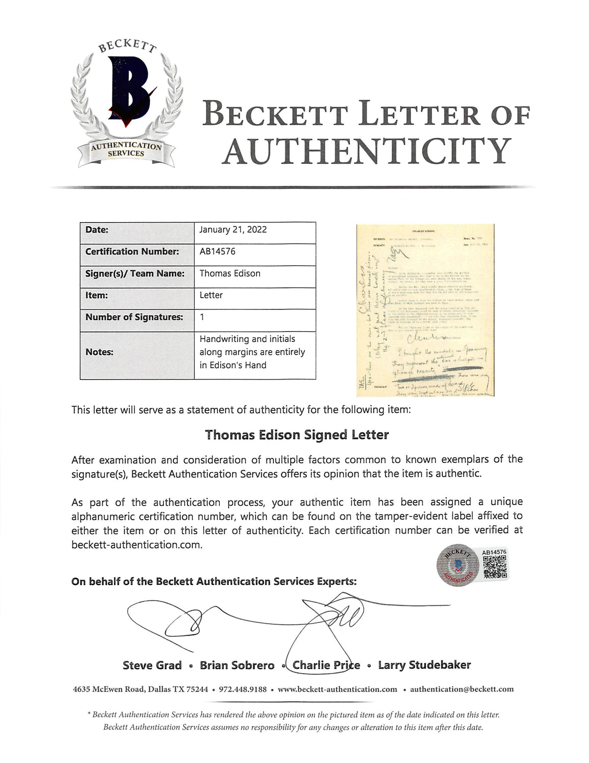 Thomas Edison Authentic Signed 8.5x11 Letter w/ Handwritten Notes BAS #AB14576