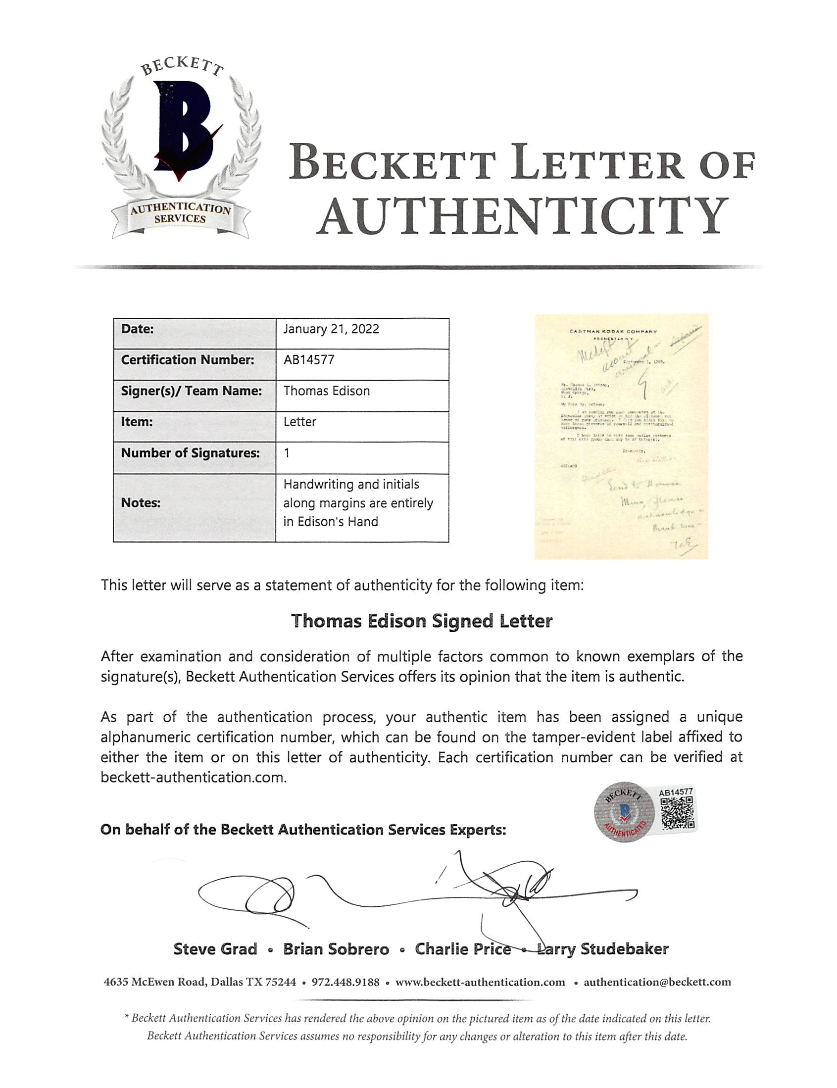Thomas Edison Signed 8.5x11 Letter On Eastman Kodak Co. Letterhead BAS #AB14577