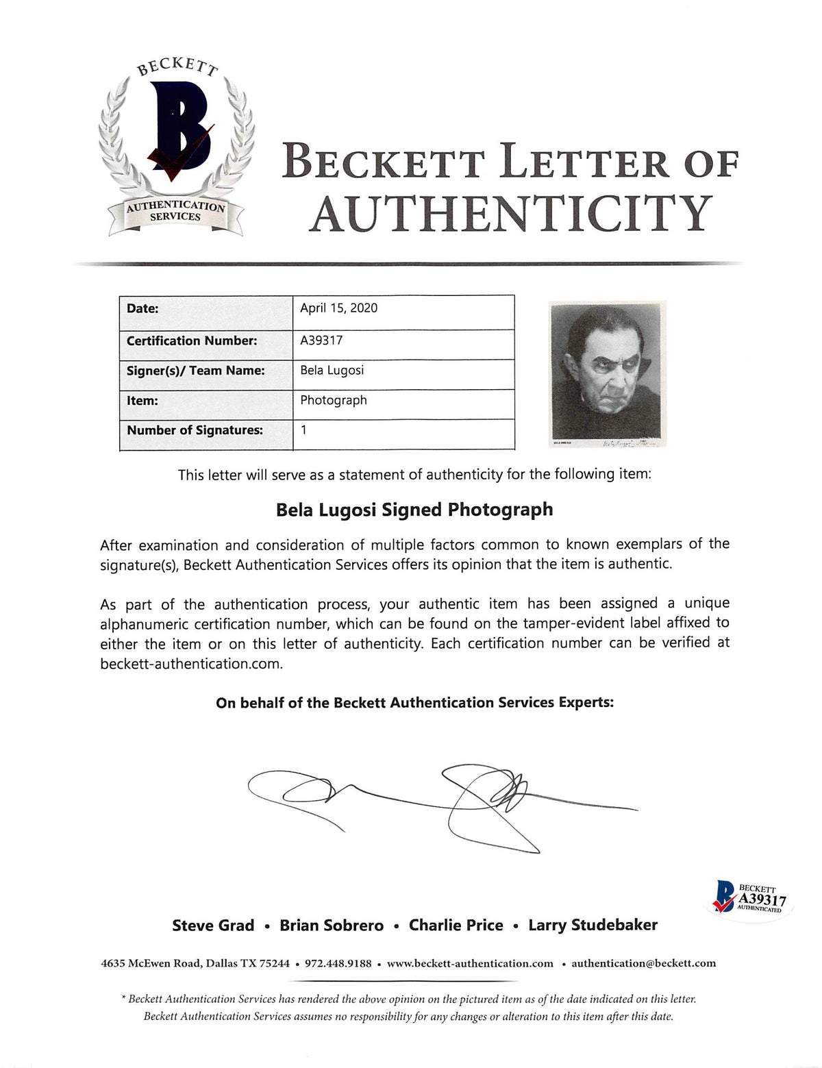 Bela Lugosi Dracula Authentic Signed 8x10 Black & White Promo Photo BAS #A39317
