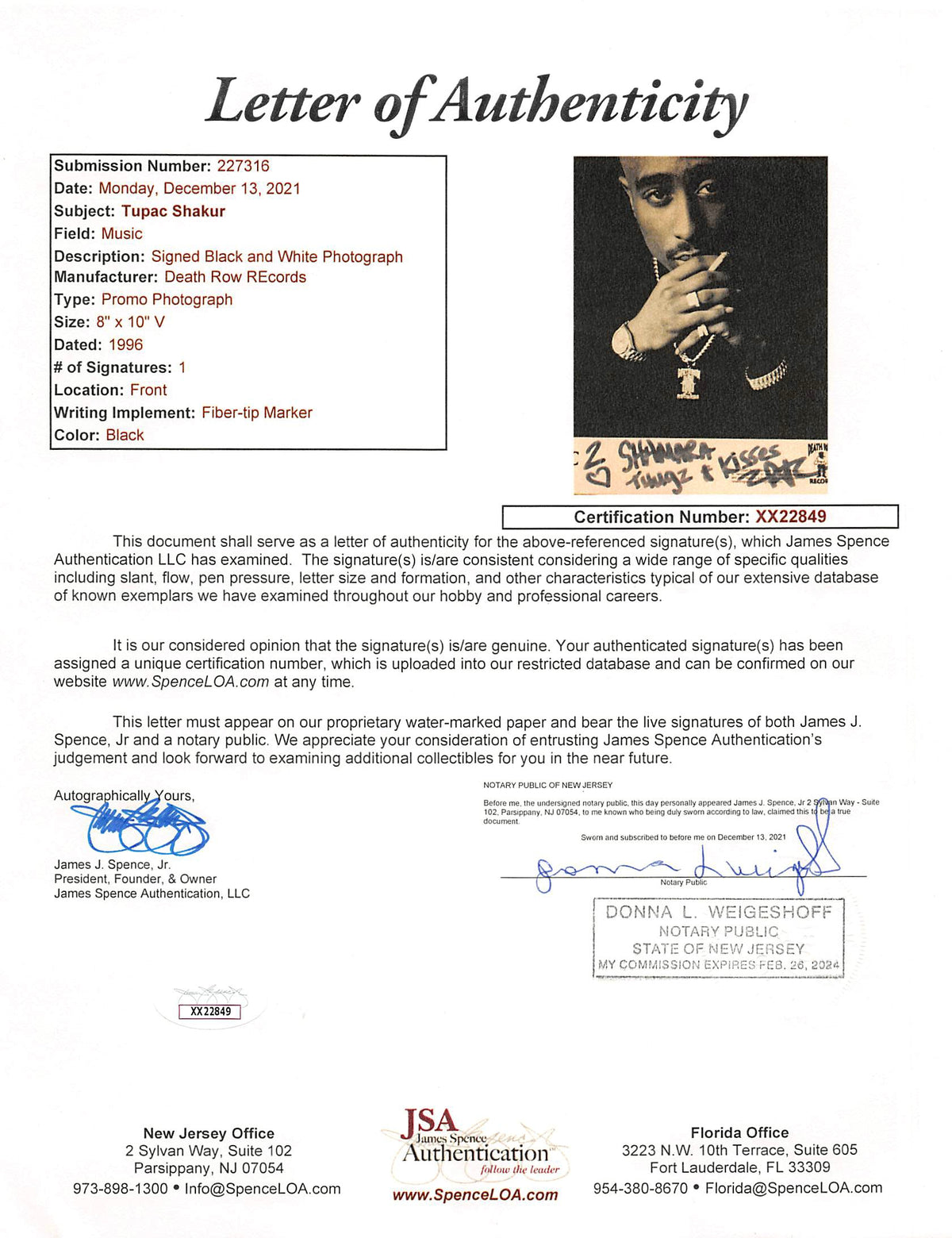Tupac Shakur "Thugz & Kisses" Signed 8x10 B&W Promotional Photo JSA #XX22849