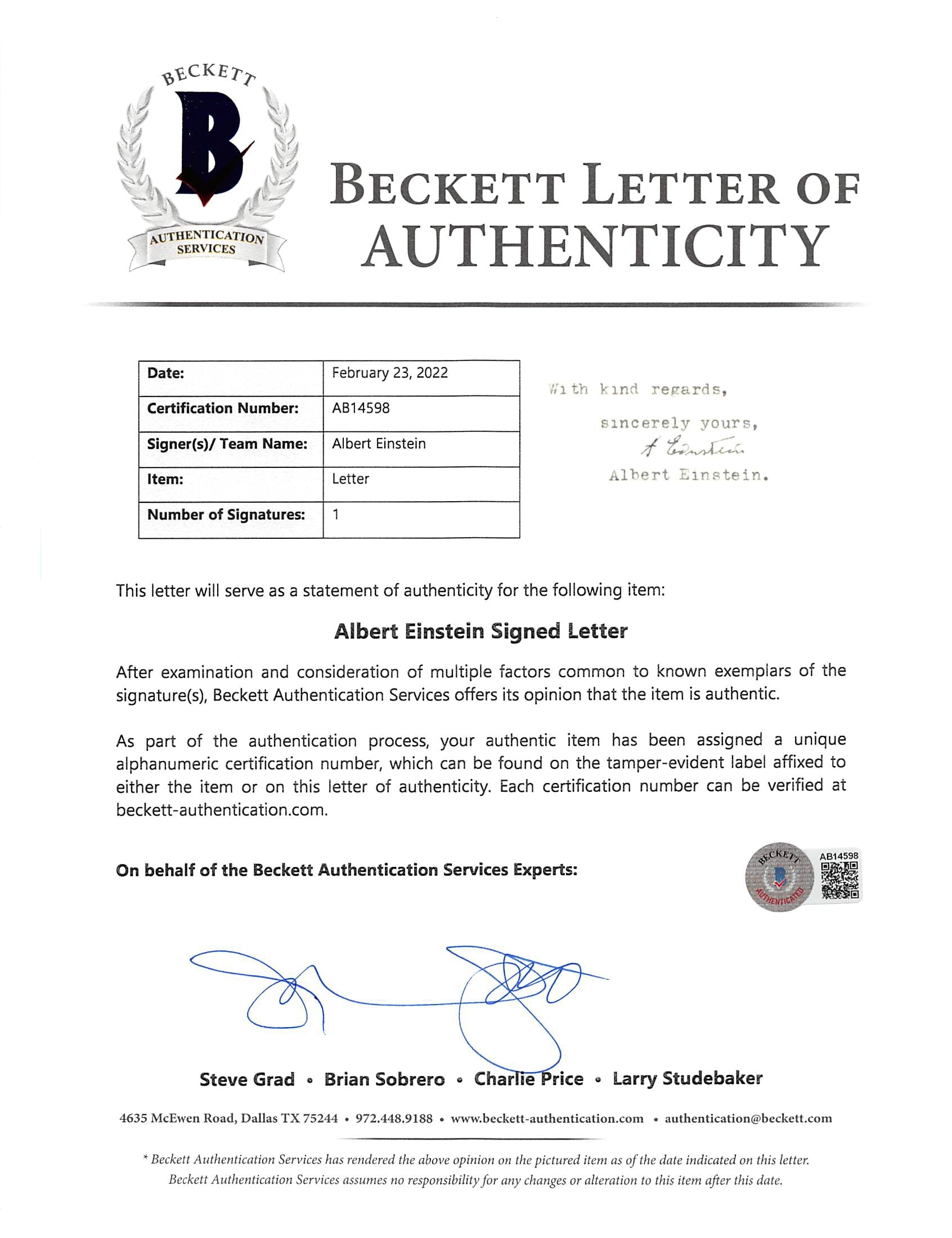 Albert Einstein Authentic Signed 8.5x11 1951 Typed Letter BAS #AB14598