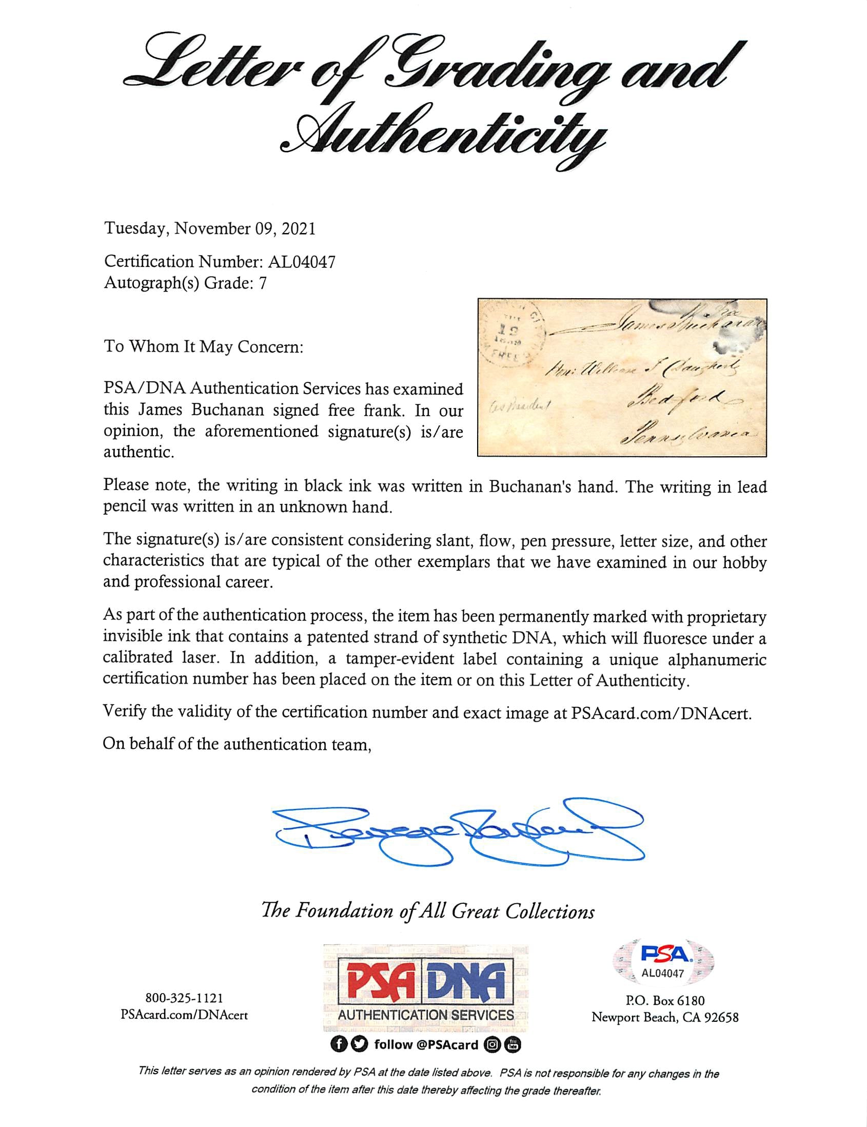 James Buchanan Authentic Signed 2.8x5.25 1859 Free Frank 1859 PSA/DNA #AL04047