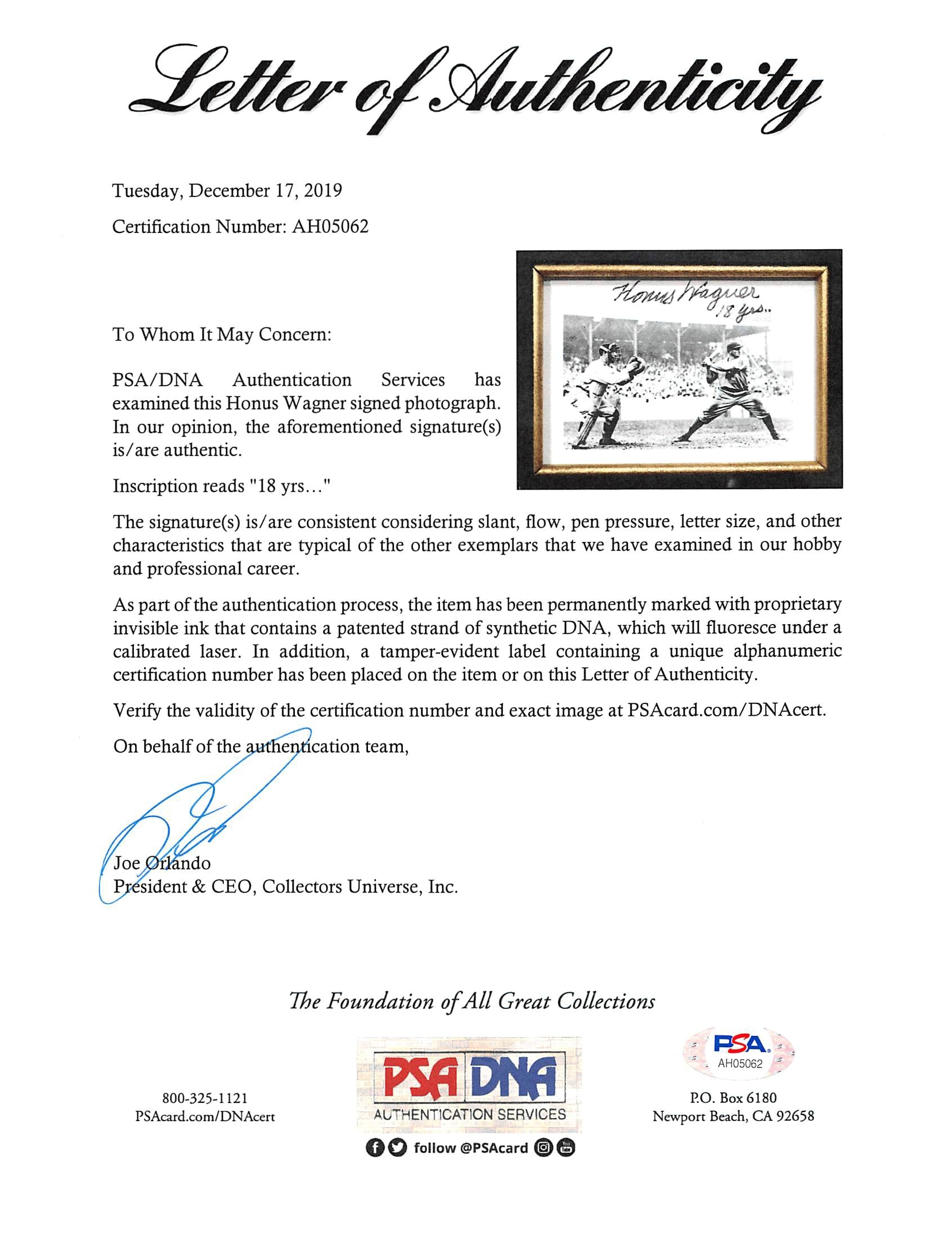 Pirates Honus Wagner 18 Yrs Authentic Signed Framed 3x4 Photo PSA/DNA #AH05062