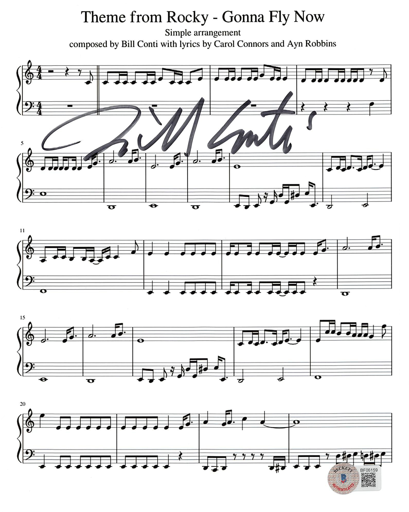 Bill Conti Rocky Authentic Signed 8.5X11 Gonna Fly Now Music Sheet BAS #BF06159