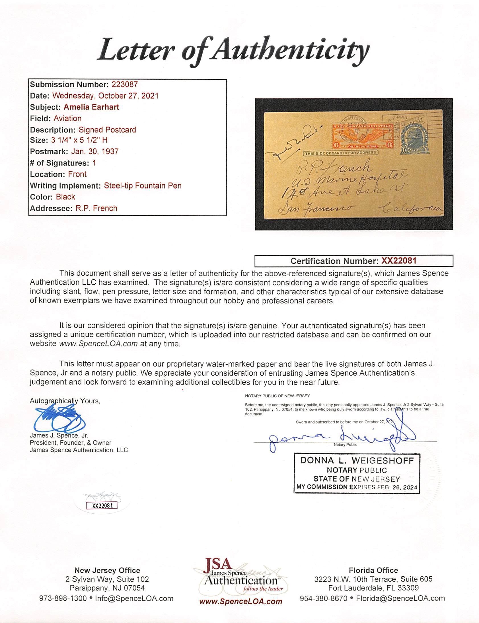 Amelia Earhart Authentic Signed 3.25x5.5 1937 Postcard Autographed JSA #XX22081