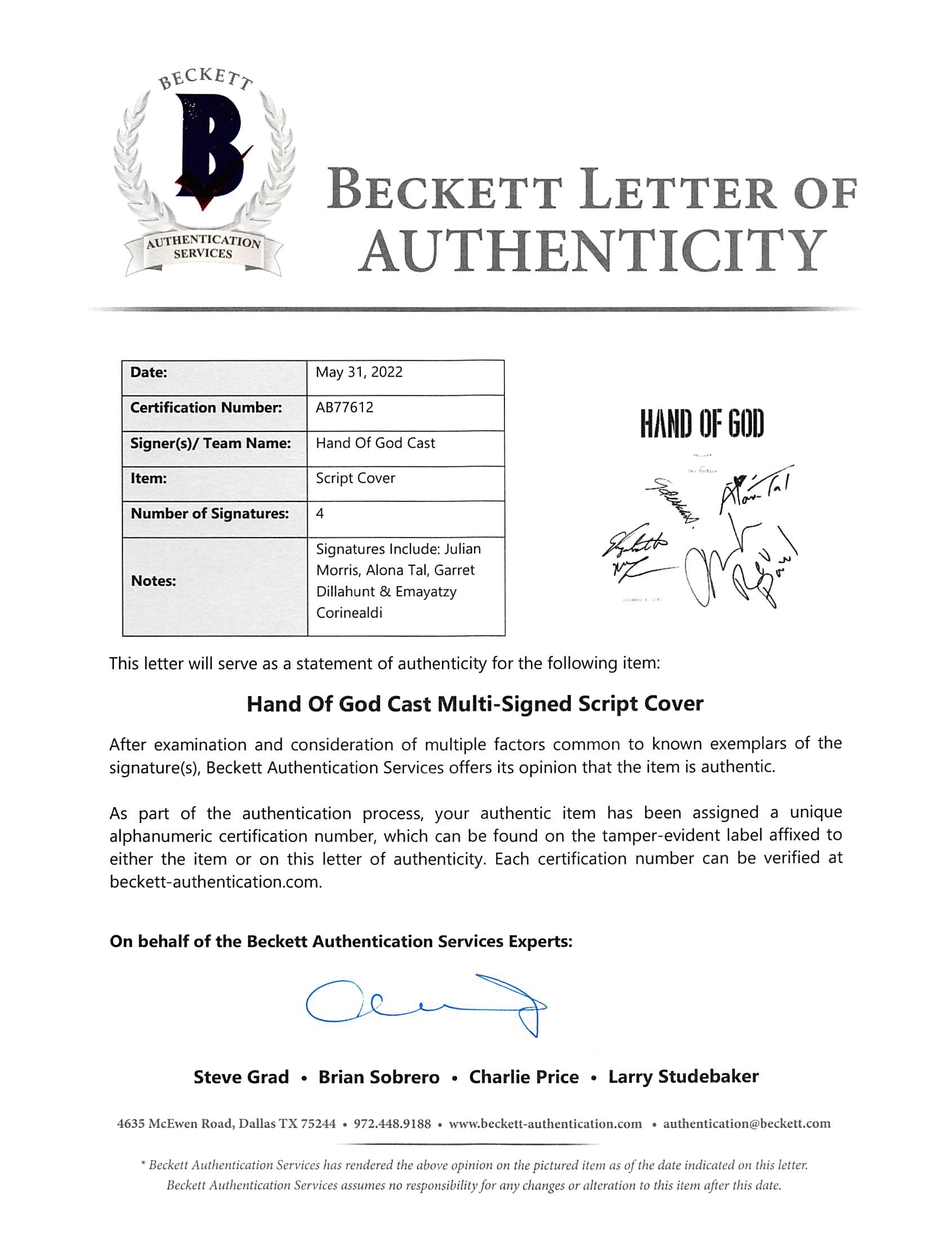 Hand Of God (4) Morris, Tal, Dillahunt +1 Signed Pilot Tv Script BAS #AB77612
