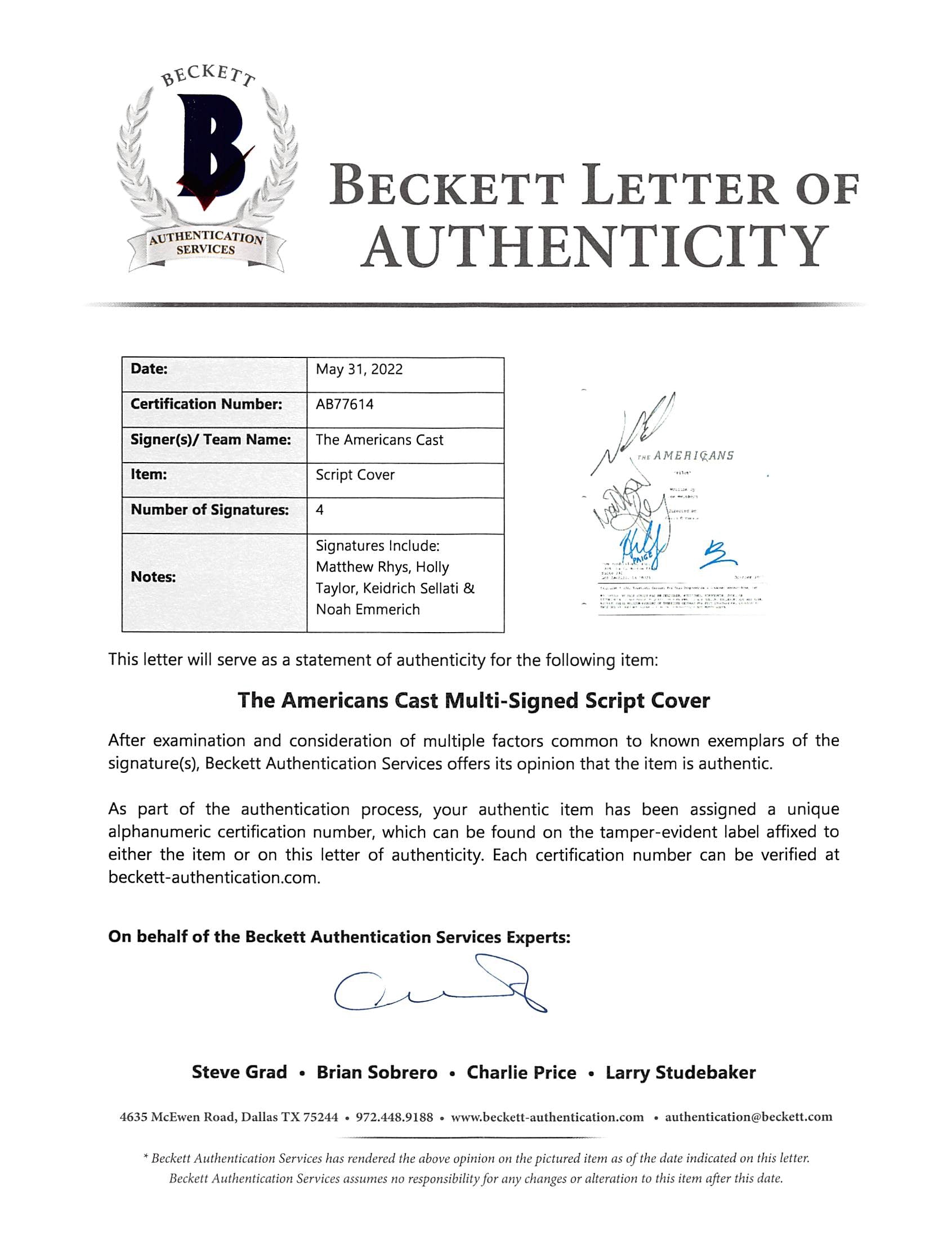 The Americans (4) Rhys, Taylor, Sellati +1 Signed Script Cover BAS #AB77614