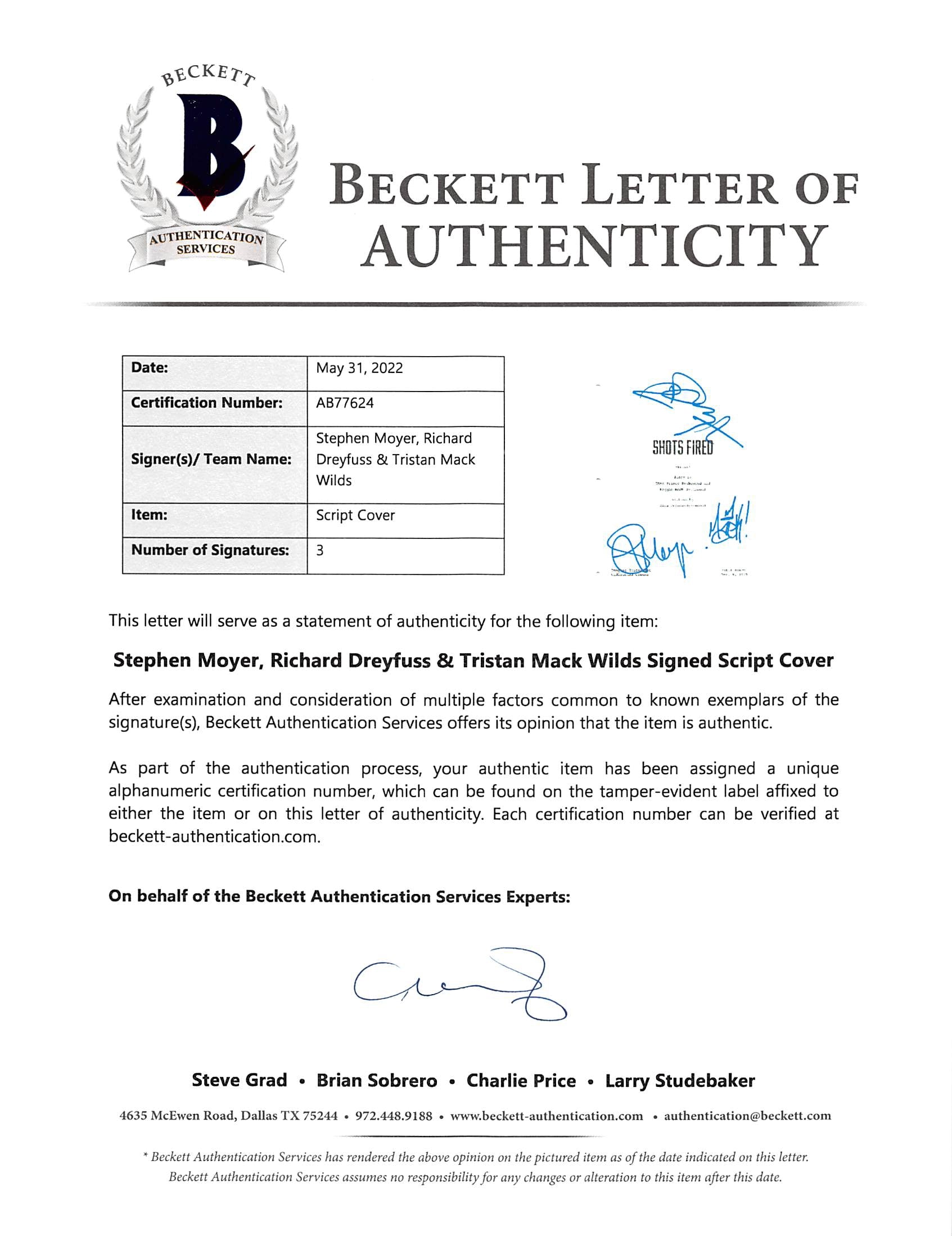 Shots Fired (3) Moyer, Dreyfuss & Mack Wilds Signed Script Cover BAS #AB77624