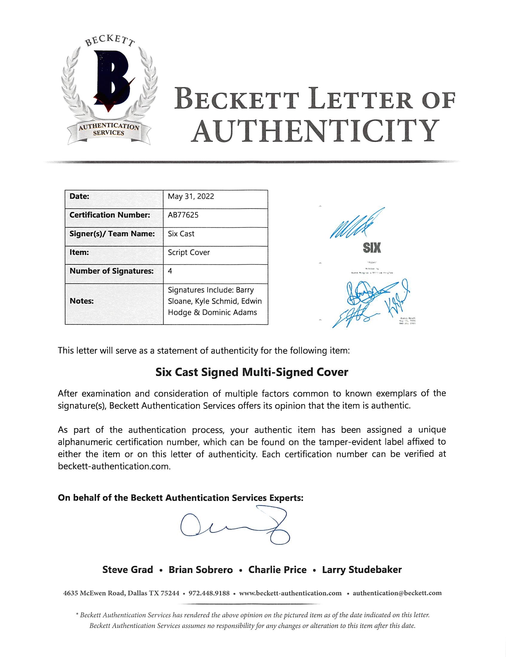 Six (4) Sloane, Schmid, Hodge & Adams Signed 8.5x11 Script Cover BAS #AB77625