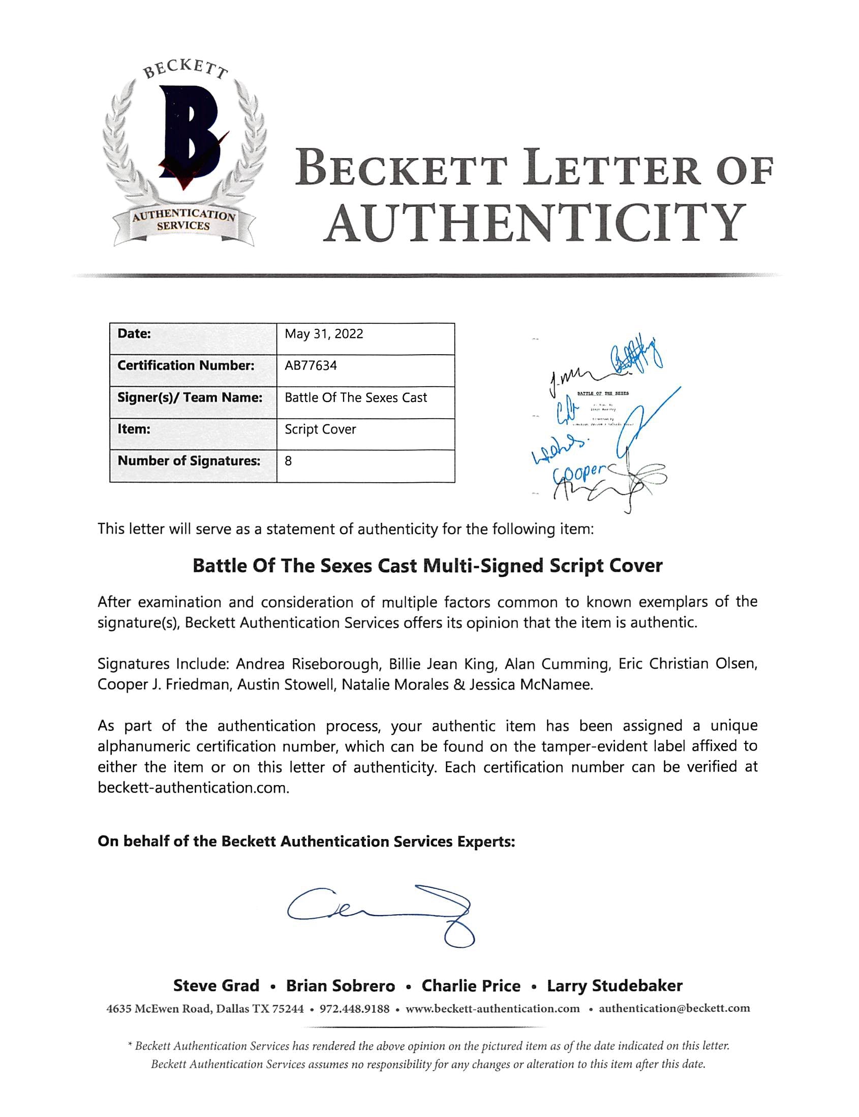 Battle Of The Sexes (8) Riseborough, King +6 Signed Script Cover BAS #AB77634