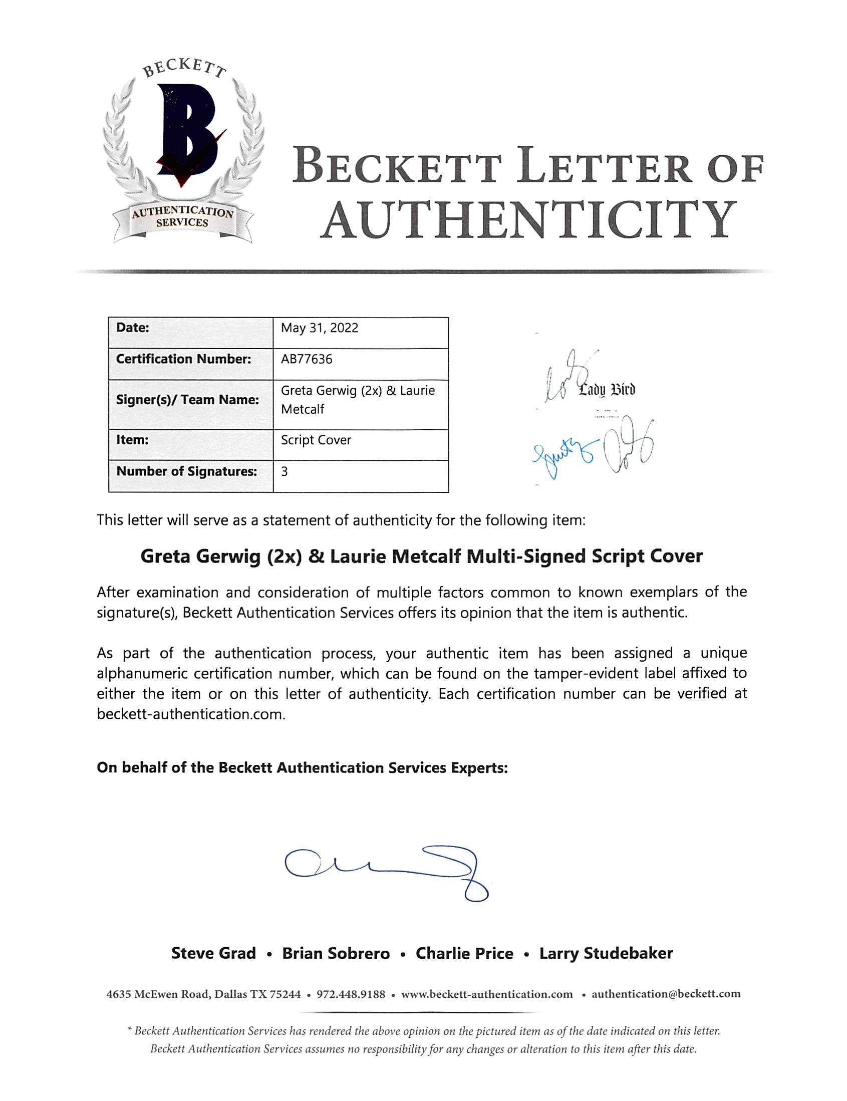 Lady Bird Greta Gerwig & Laurie Metcalf Signed Script Cover BAS #AB77636