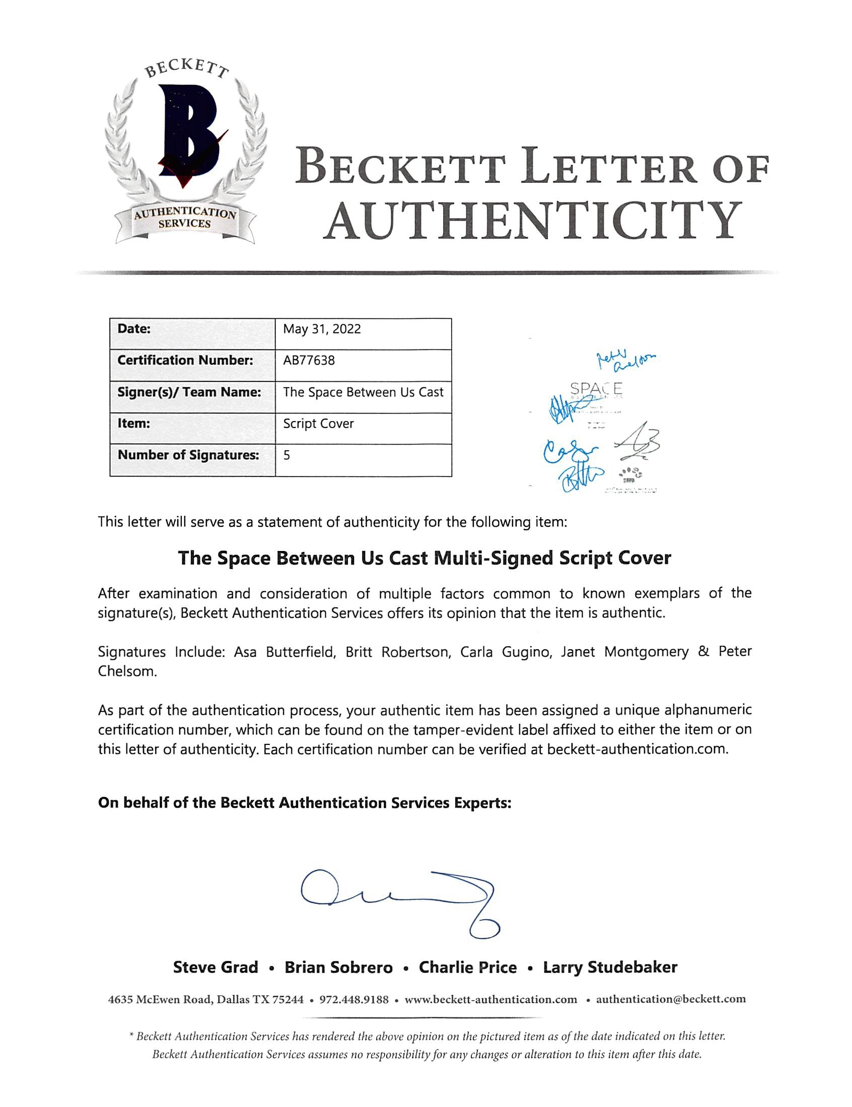 Space Between Us (5) Butterfield, Robertson, Signed Script Cover BAS #AB77638