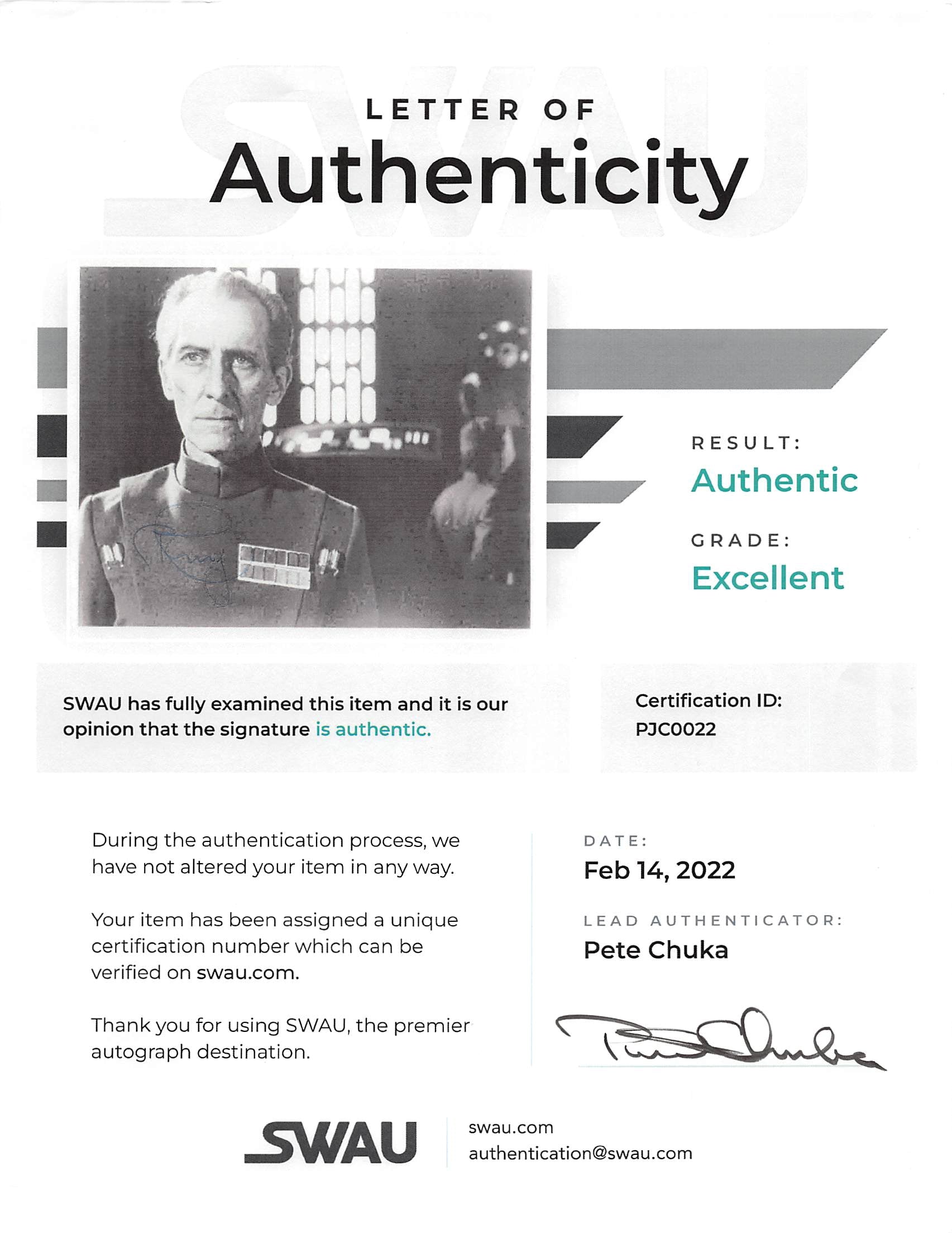 Peter Cushing Star Wars Authentic Signed 8x10 Black & White Photo BAS Slabbed