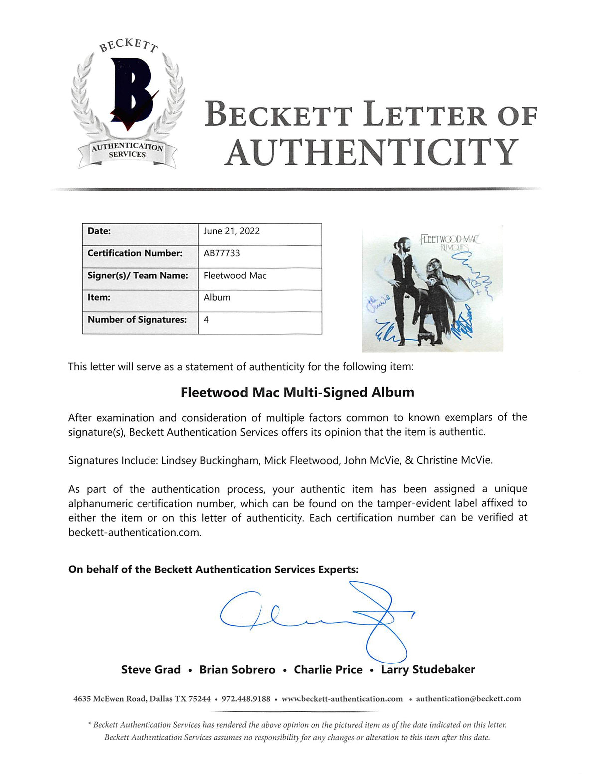 Fleetwood Mac (4) Buckingham, Fleetwood, McVie & McVie Signed Album Cover BAS