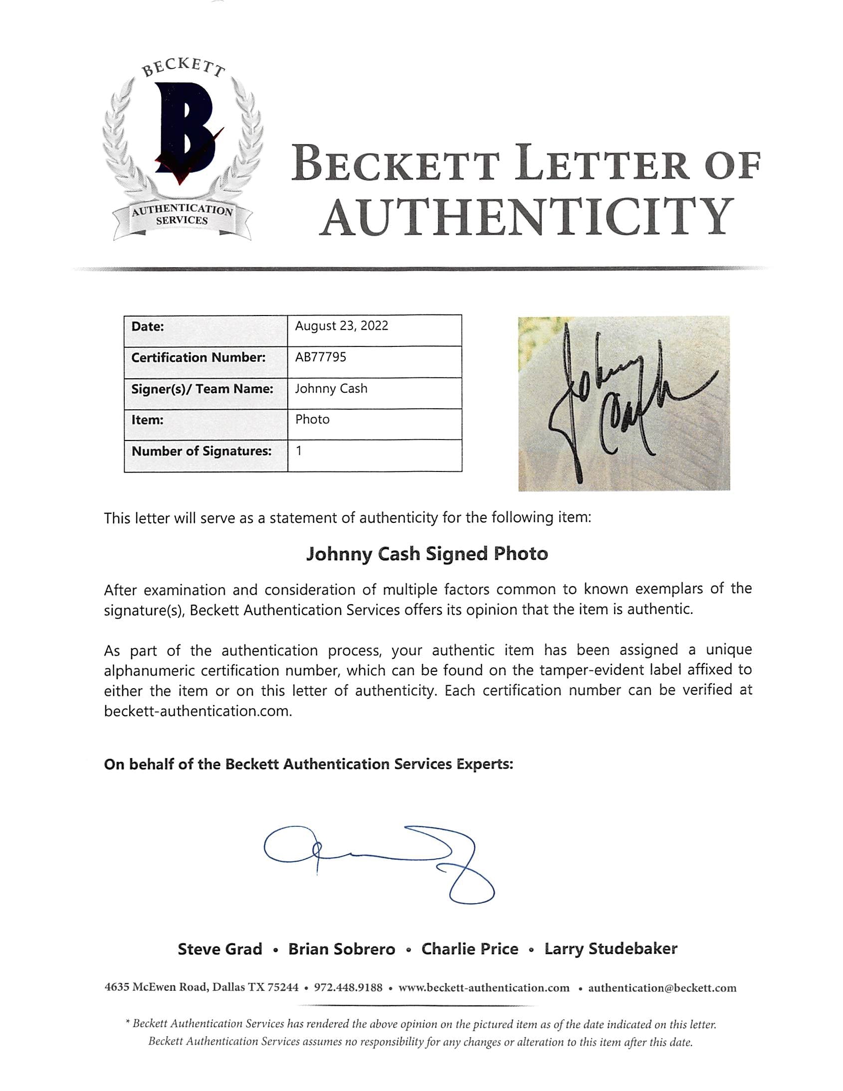 Johnny Cash Authentic Signed 8x10 Photo Autographed BAS #AB77795