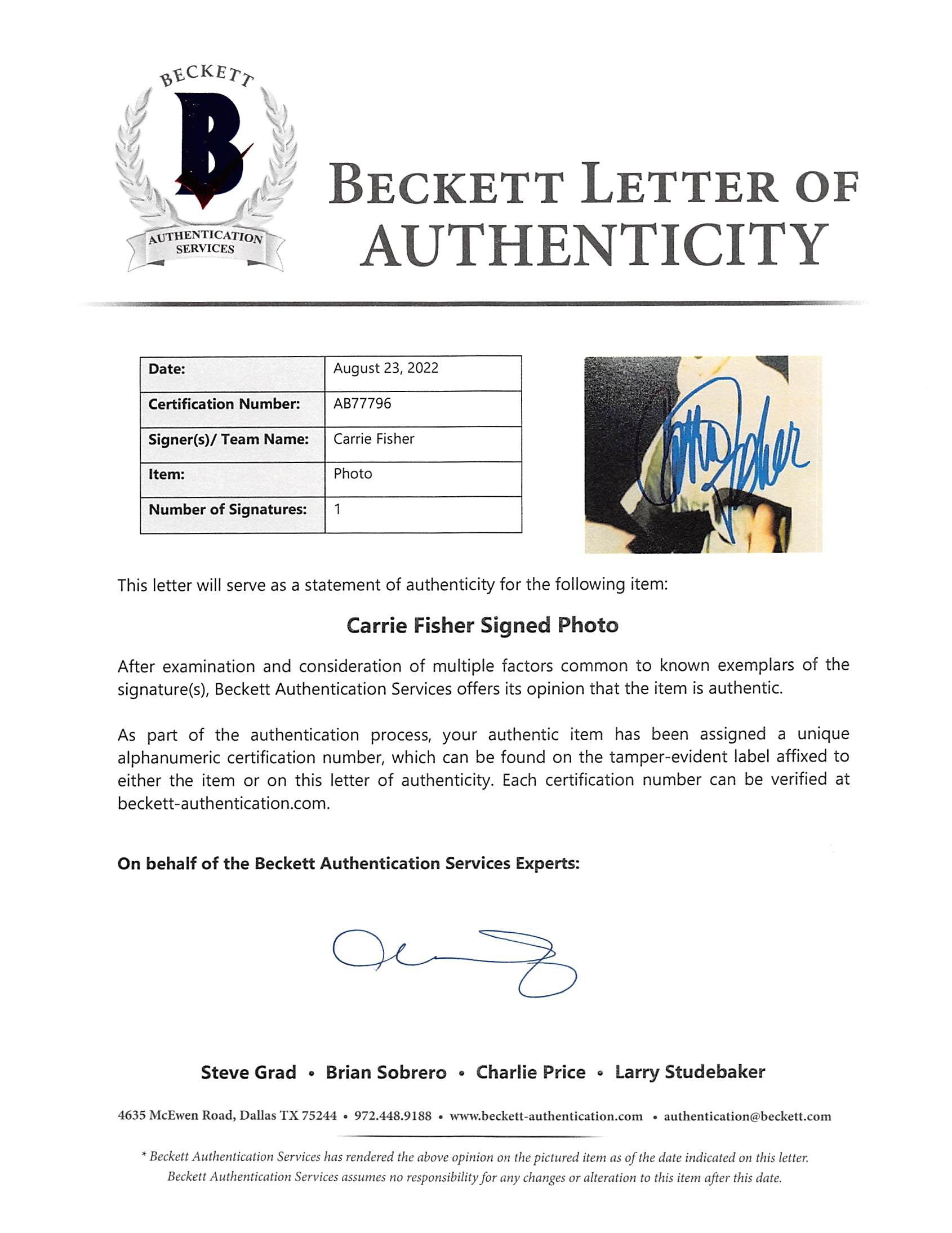 Carrie Fisher Star Wars Return of the Jedi Signed 8x10 Photo BAS #AB77796