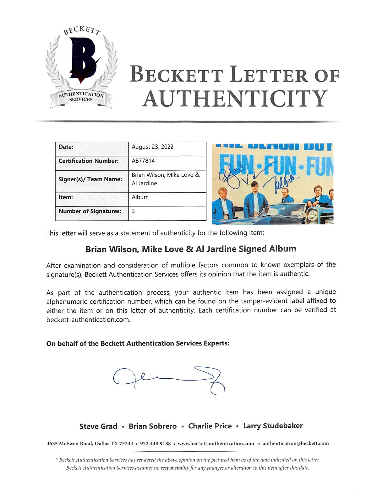 The Beach Boys (3) Wilson, Love & Jardine Signed Album Cover BAS #AB77814