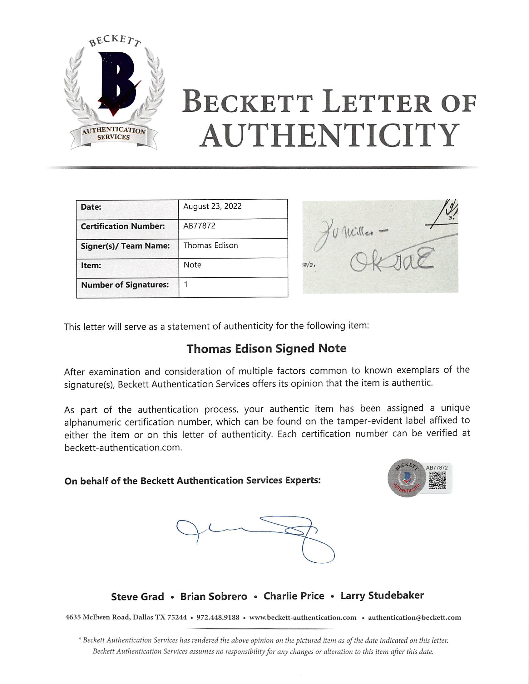 Thomas Edison "JV Miller - Ok" Authentic Signed 8.5x11 1922 Letter BAS #AB77872