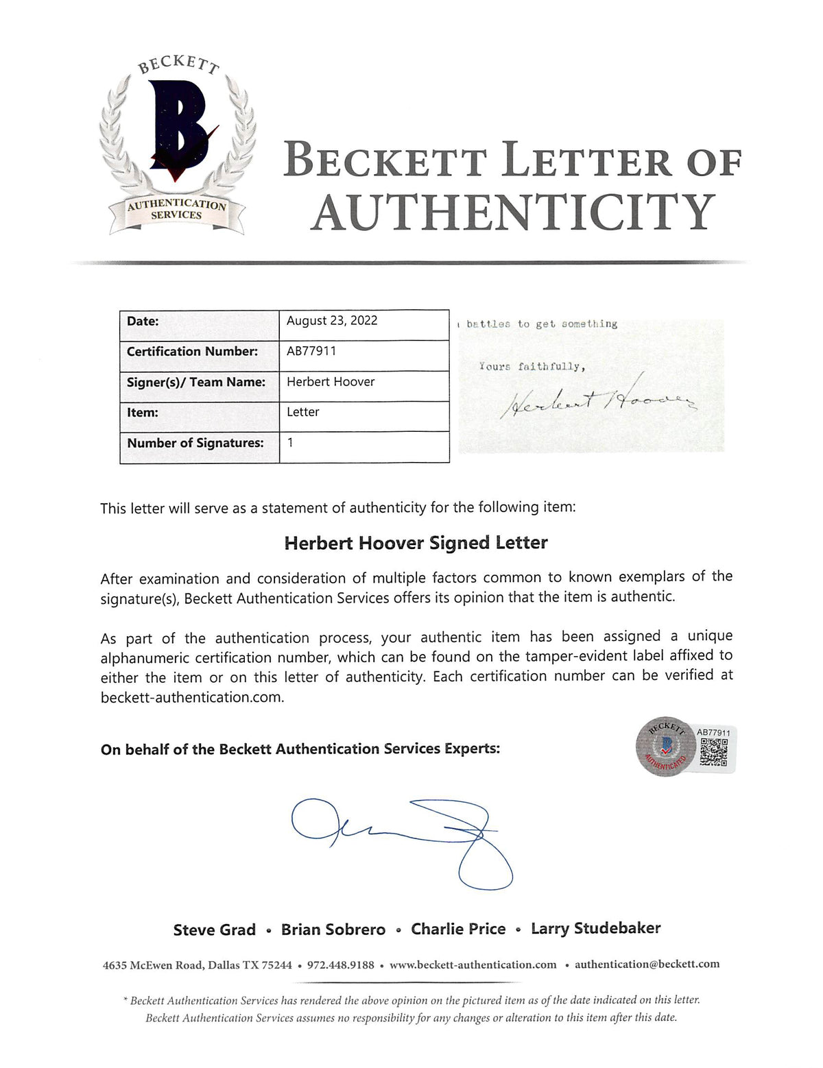 Herbert Hoover Authentic Signed 8x10.5 Letter Dated January 3, 1924 BAS #AB77911