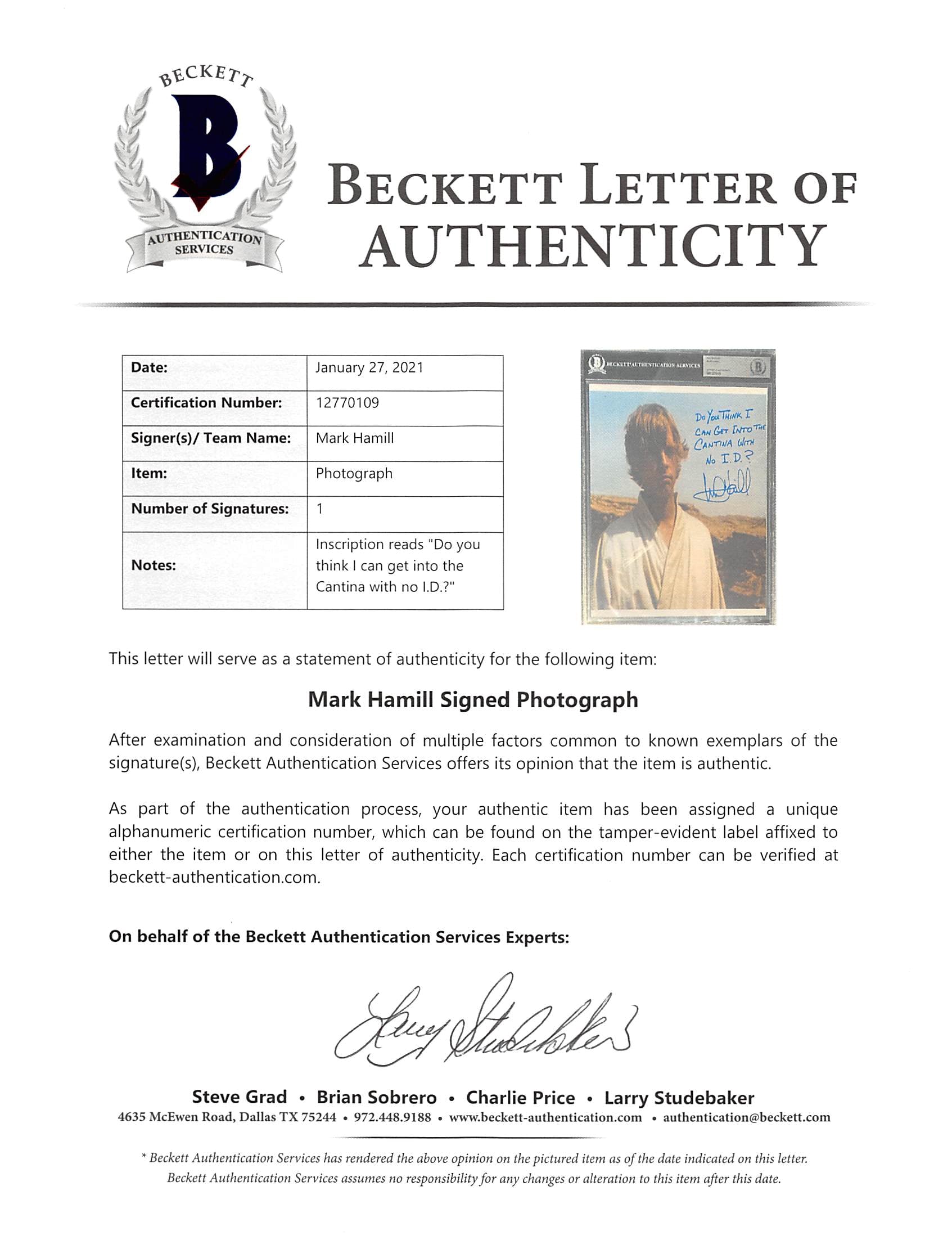 Mark Hamill Star Wars A New Hope Authentic Signed 8x10 Photo BAS Slabbed