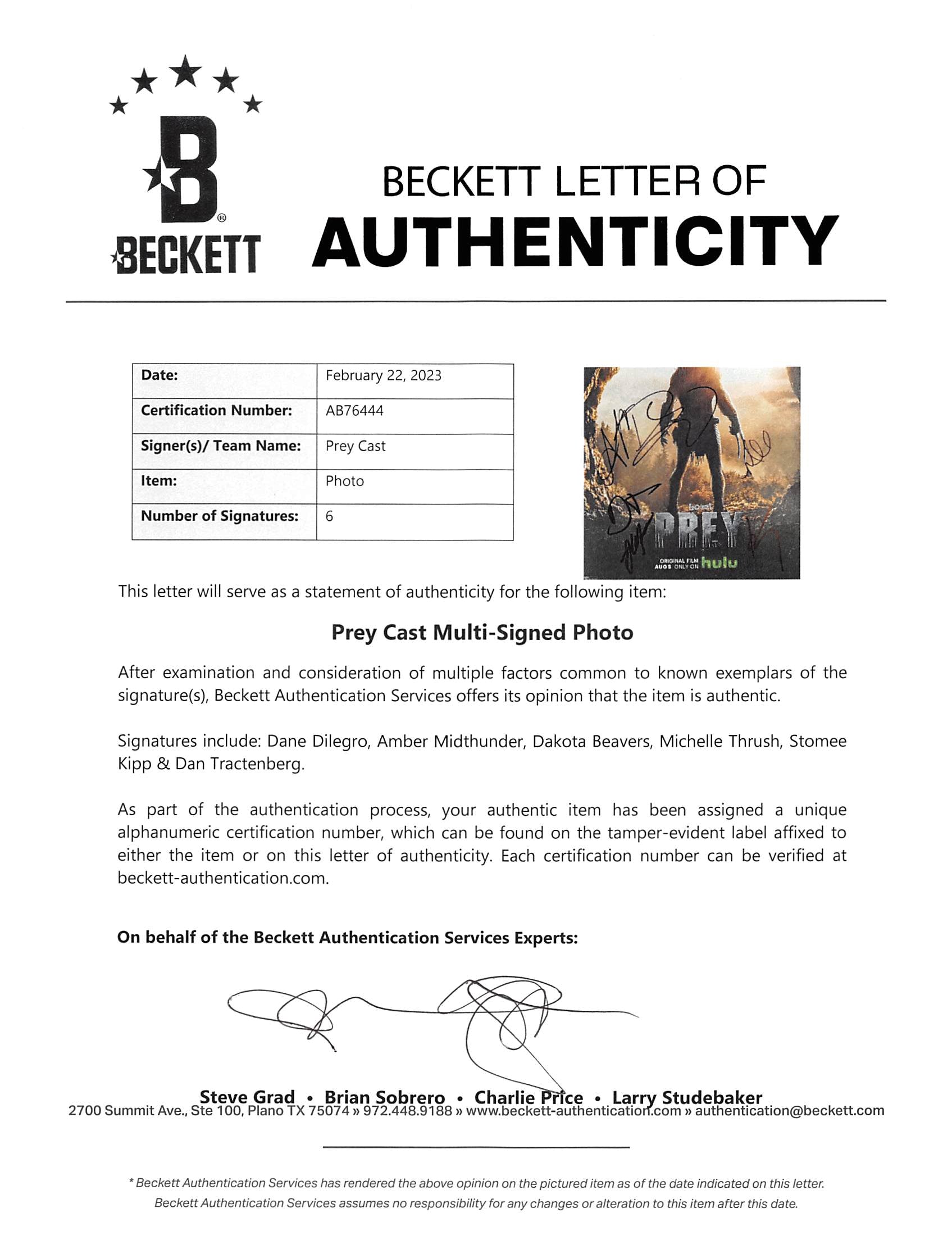 Prey (6) Dilegro, Midthunder +4 Authentic Signed 11x14 Photo BAS #AB76444