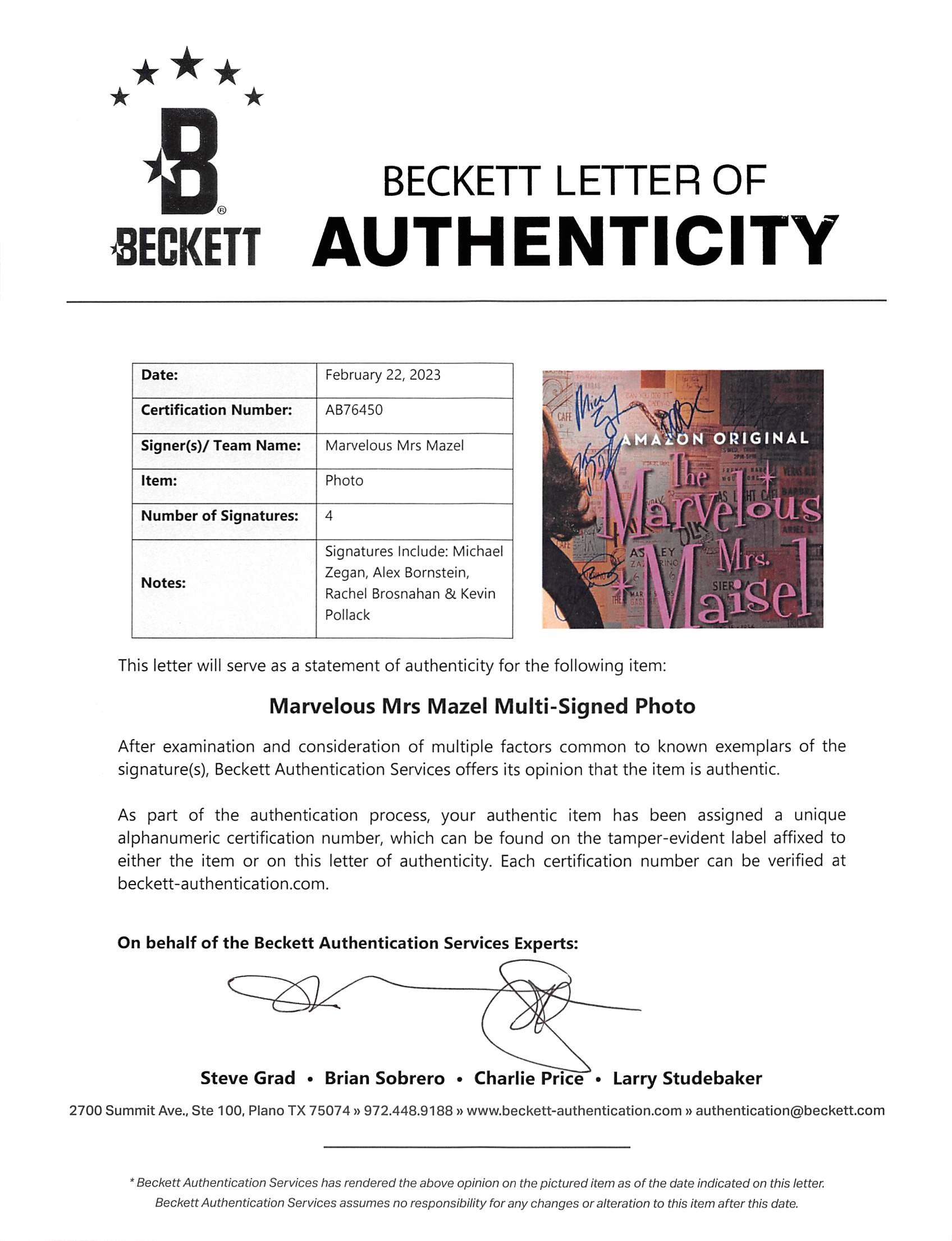 Marvelous Mrs Maisel (4) Bornstein, Brosnahan +2 Signed 12x18 Photo BAS #AB76450