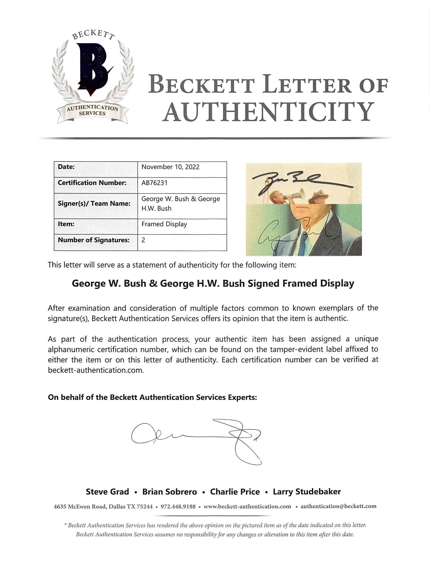 George H.W. Bush & George W. Bush Signed Cut Sig Framed Display BAS #AB76231
