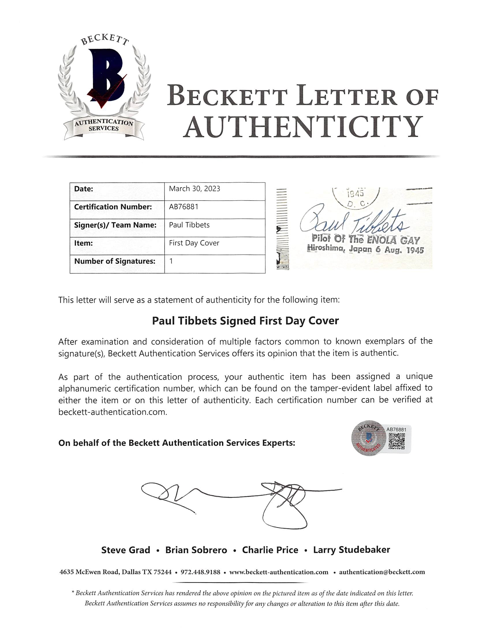 Paul Tibbets Authentic Signed & Framed 4x6.5 1945 First Day Cover BAS #AB76881
