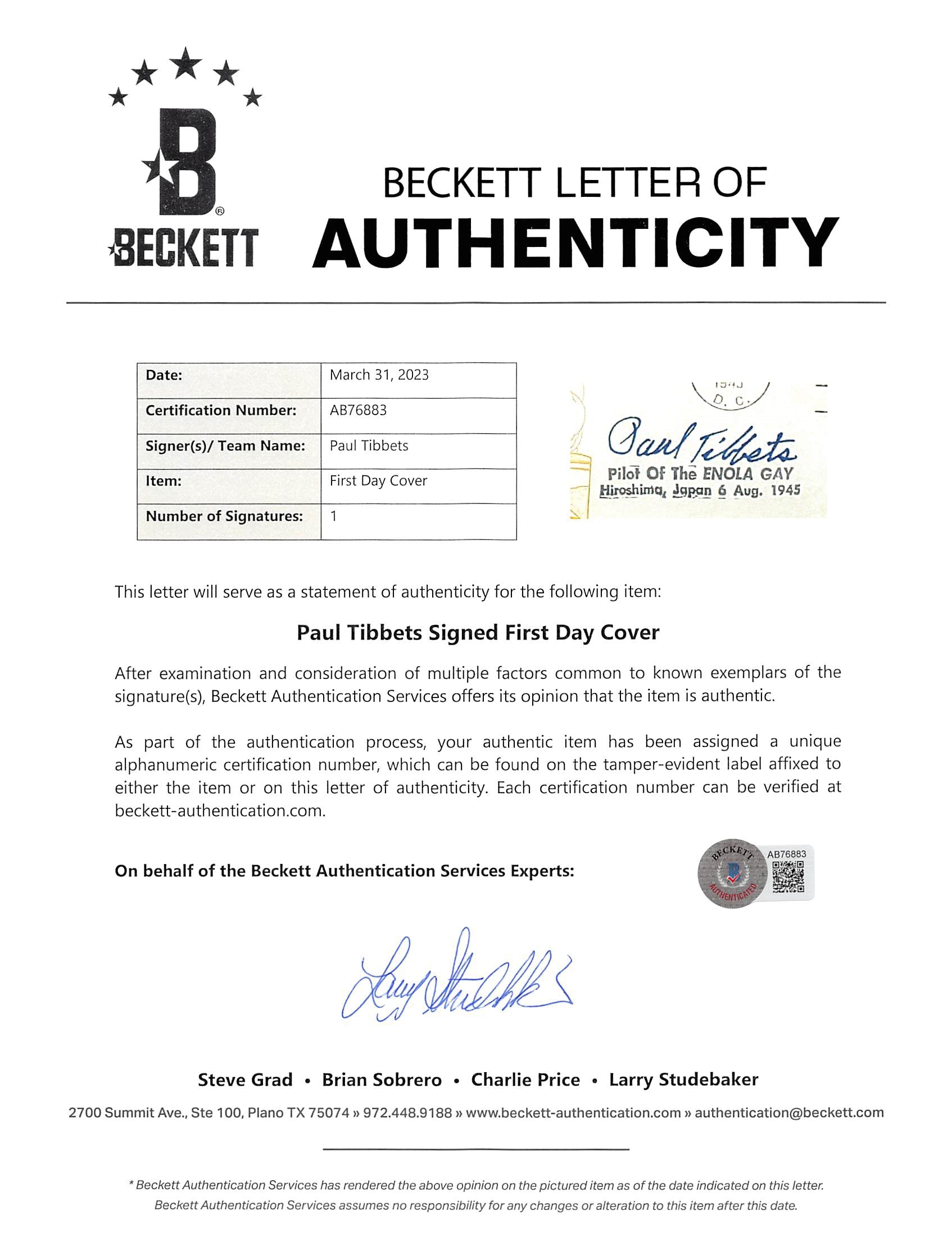 Paul Tibbets Authentic Signed & Framed 4x6.5 1945 First Day Cover BAS #AB76883