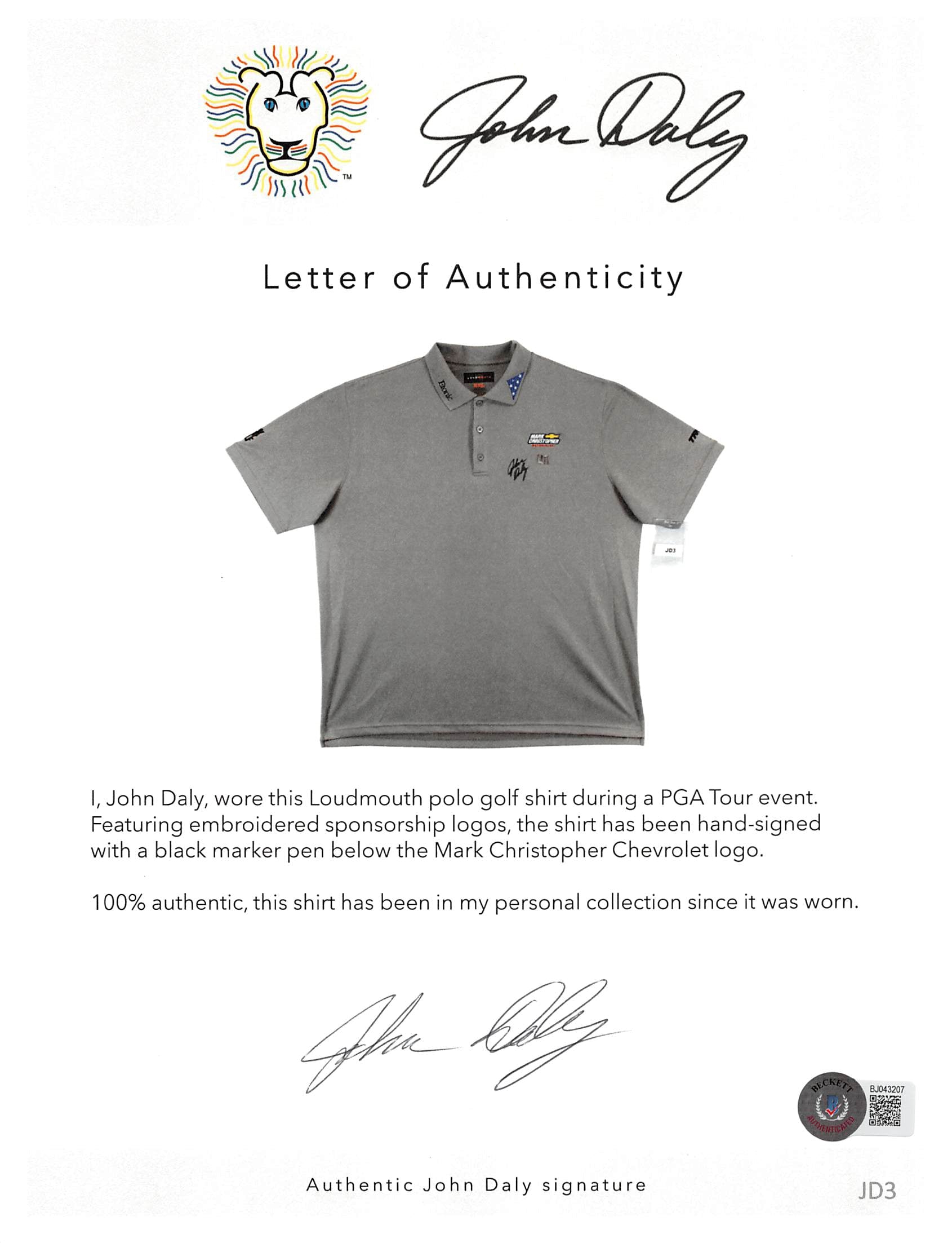 John Daly Authentic Signed Match Worn Gray Loudmouth Polo Shirt BAS #BH00338