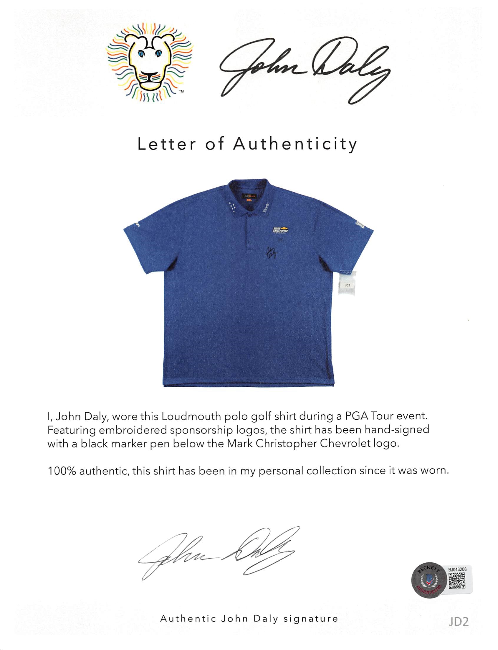 John Daly Authentic Signed Match Worn Blue Loudmouth Polo Shirt BAS #BH00365