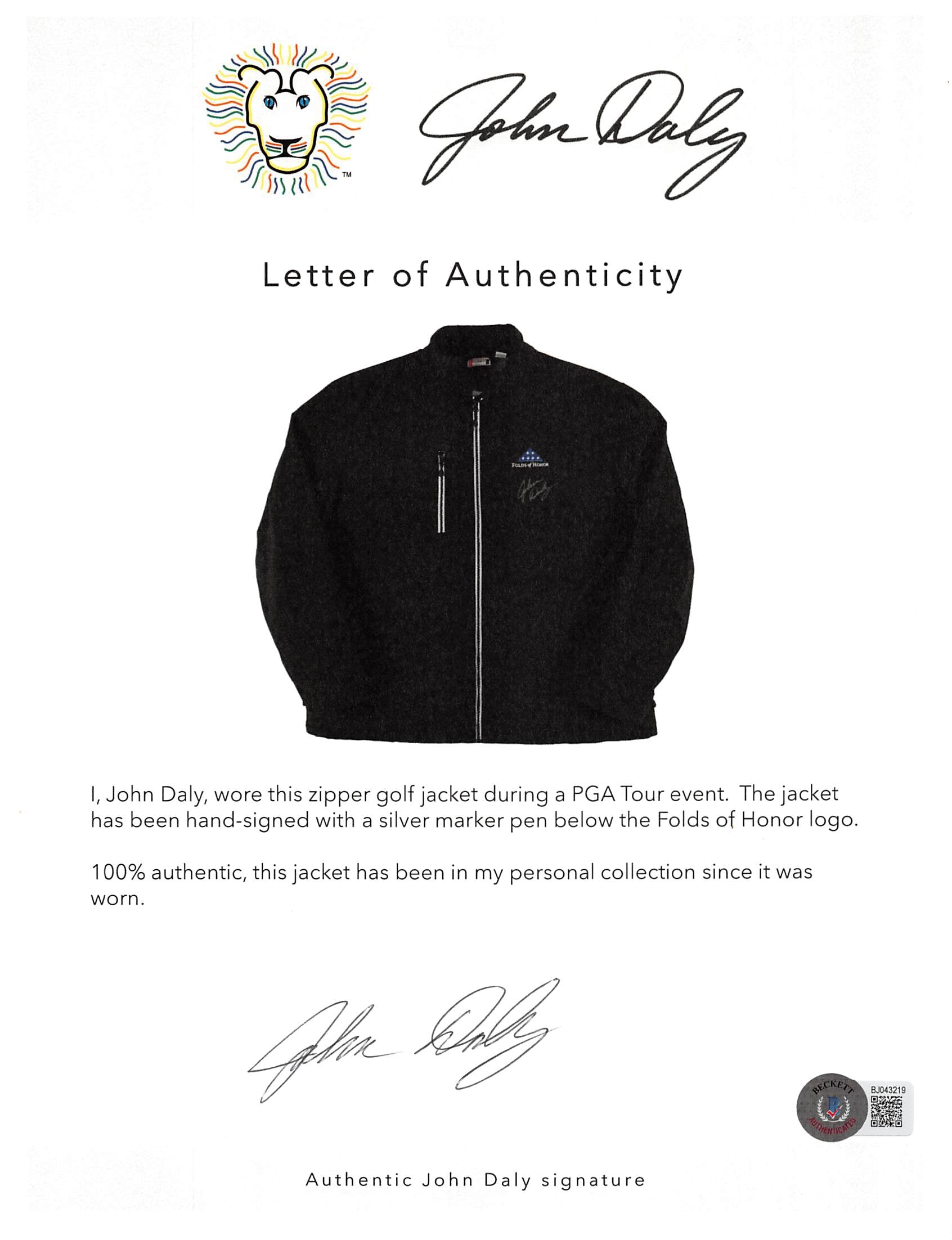 John Daly Signed Match Worn Black Folds of Honor Golf Jacket BAS #BH00325