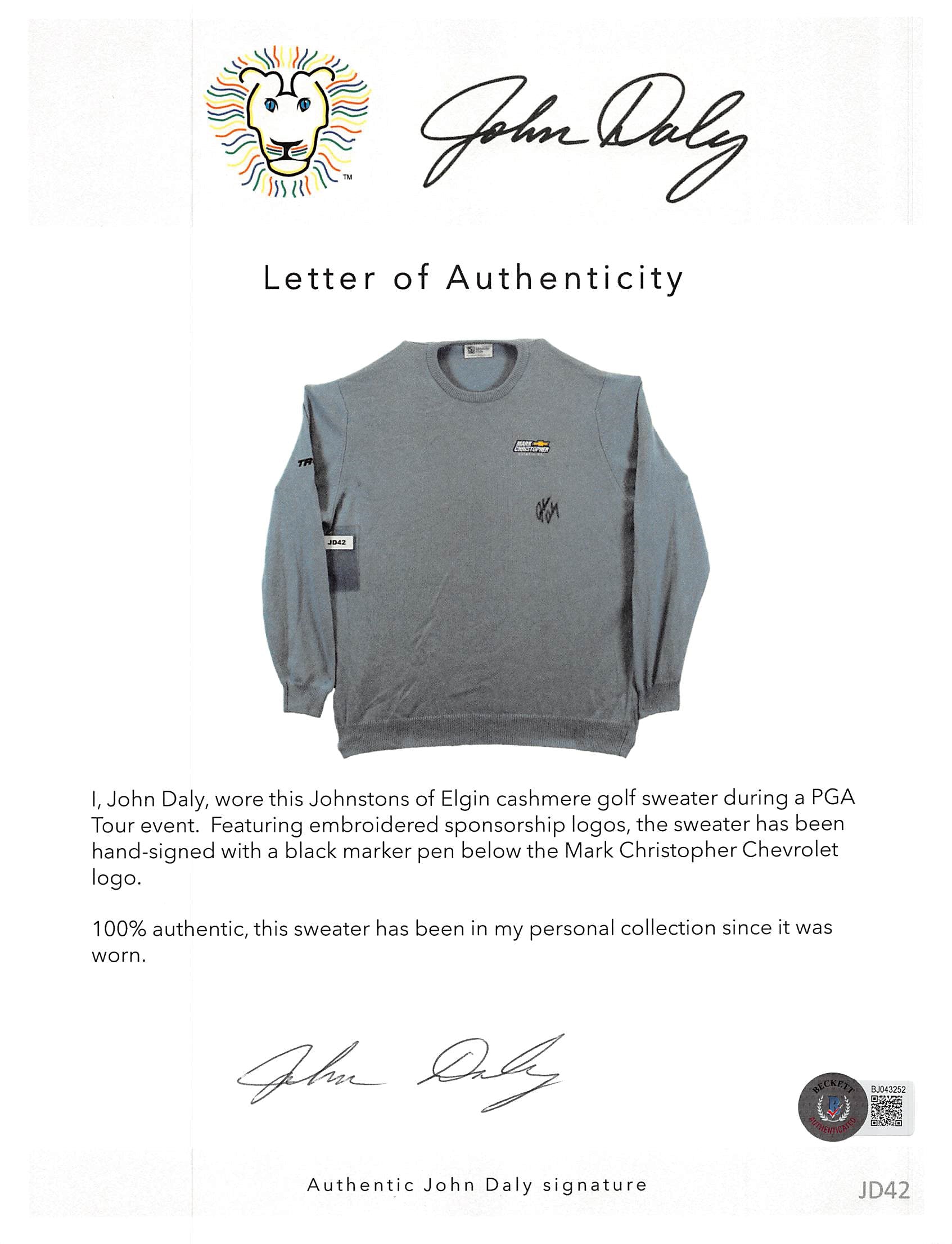 John Daly Signed Match Worn Light Blue Johnstons of Elgin Cashmere Sweater BAS