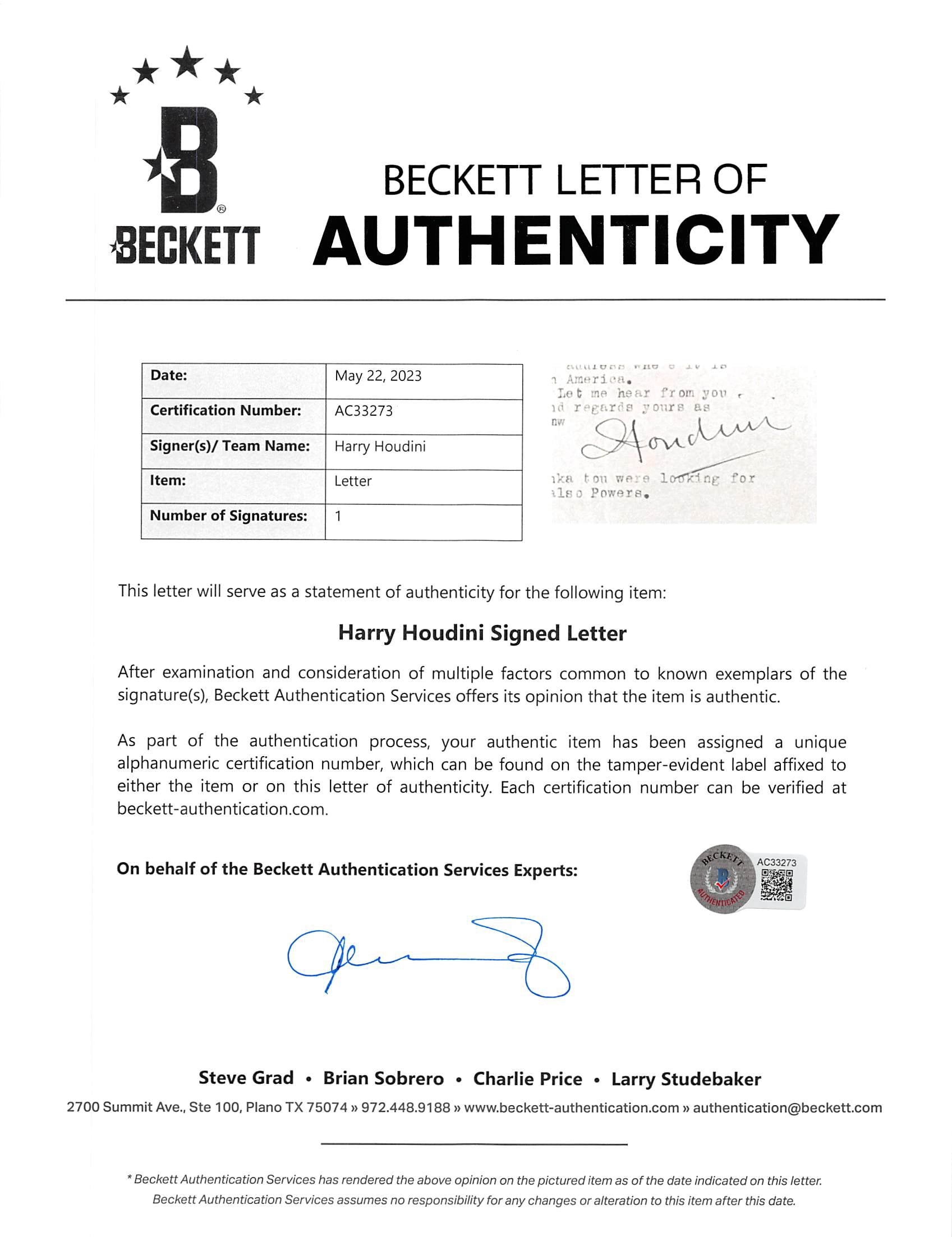 Harry Houdini Authentic Signed 5.5x8.5 Letter Dated May 19th 1918 BAS #AC33273